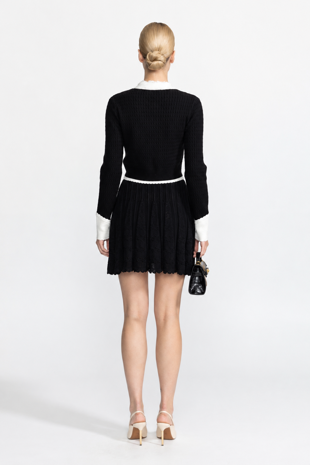Nicolette Black Pearl Embellished Contrast Trim Cable Knit Cropped Cardigan