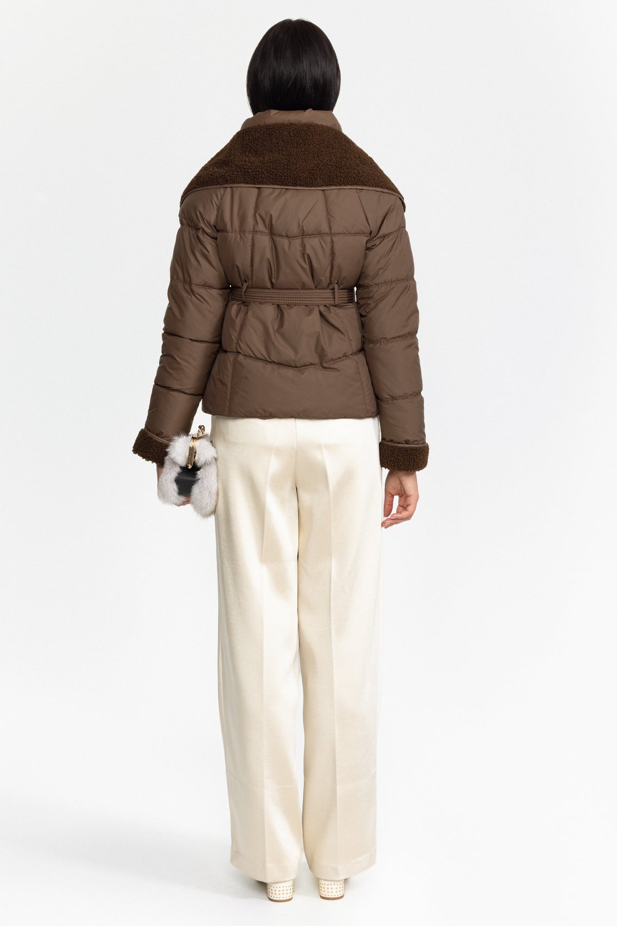 Belted Puffer Jacket with Teddy Collar - Coffee