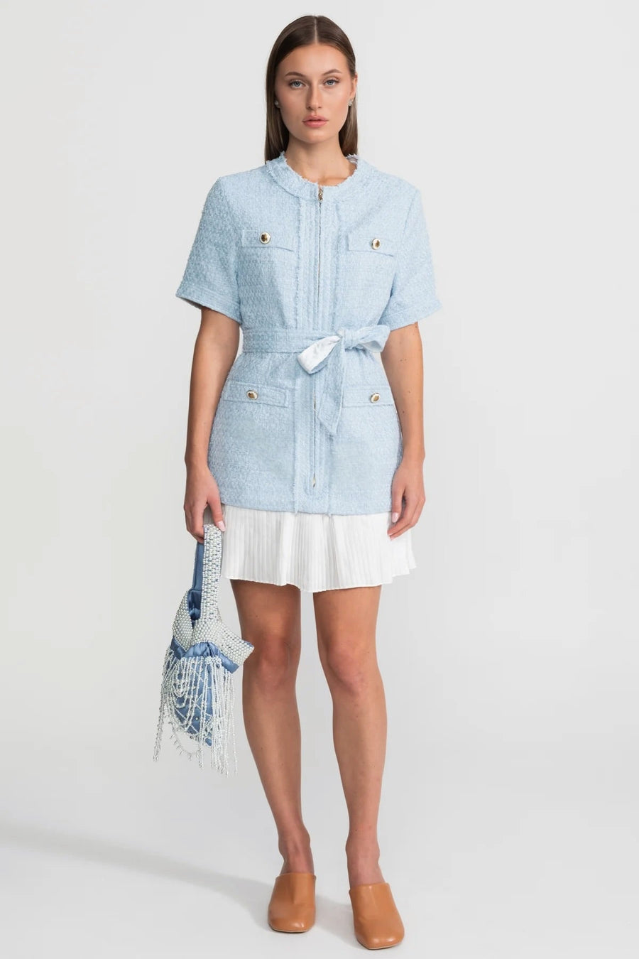 Adeline Powder Blue Belted Tweed Jacket Dress With White Pleated Hem