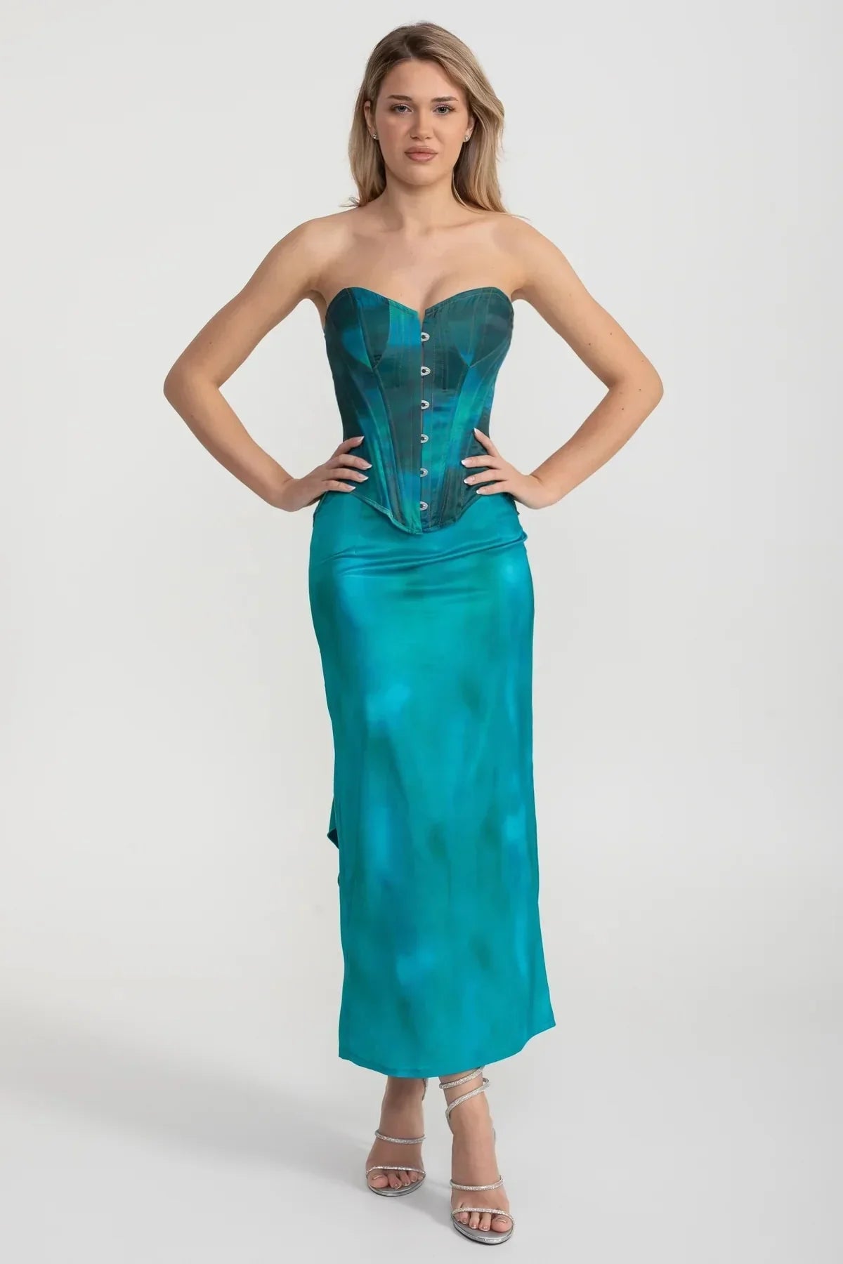 Elegant Satin Set With Corset-Style Bodice And Midi Skirt - Teal