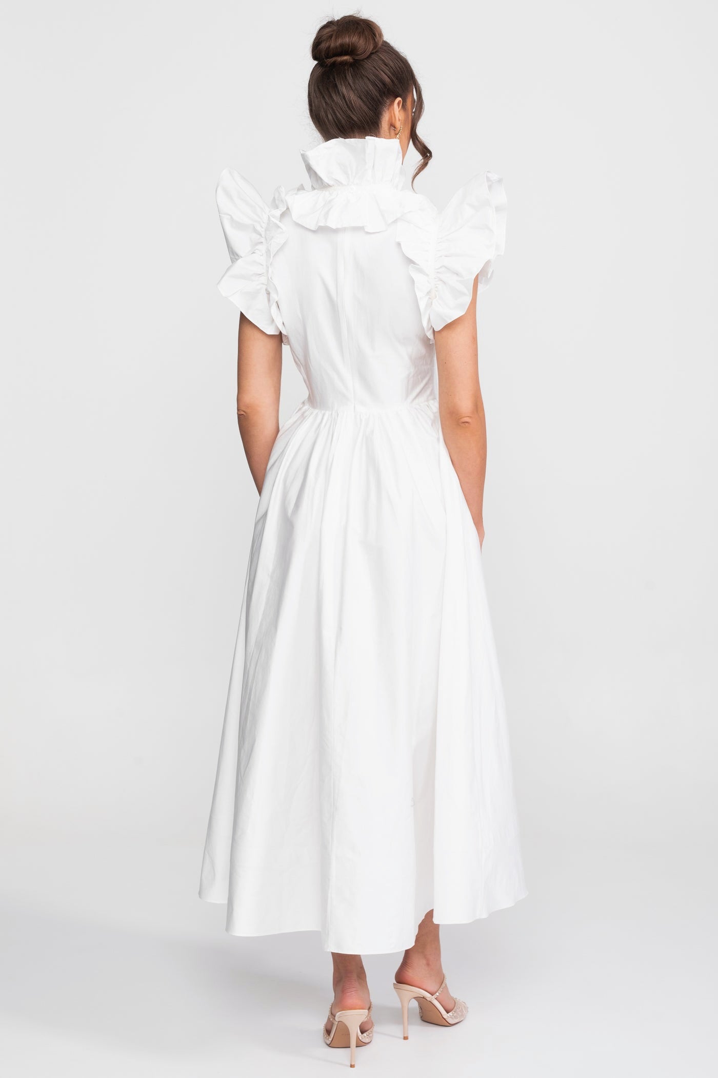 High-Neck Maxi Dress With Dramatic Ruffle Bib Front - White