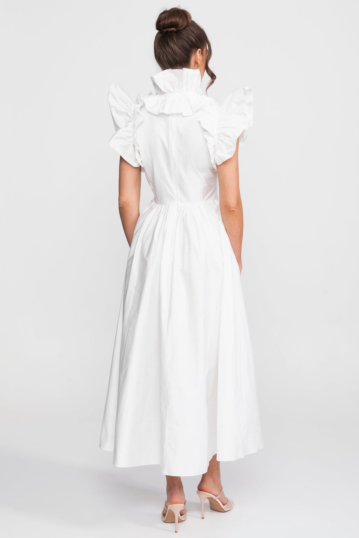 High-Neck Maxi Dress With Dramatic Ruffle Bib Front - White