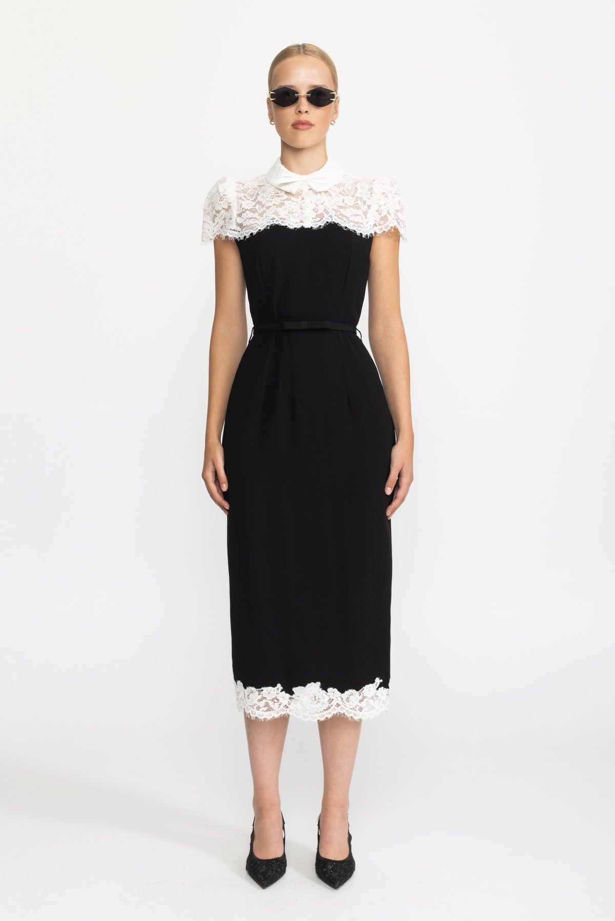 Lace Yoke Bow Collar Crepe Midi Dress - Black
