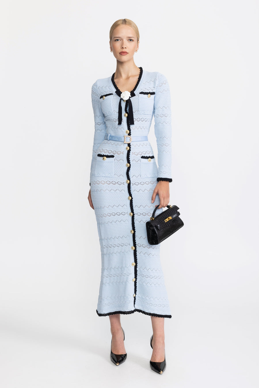 Adeline Crochet Trim Knit Button Midi Dress with Flower Brooch - Light Blue