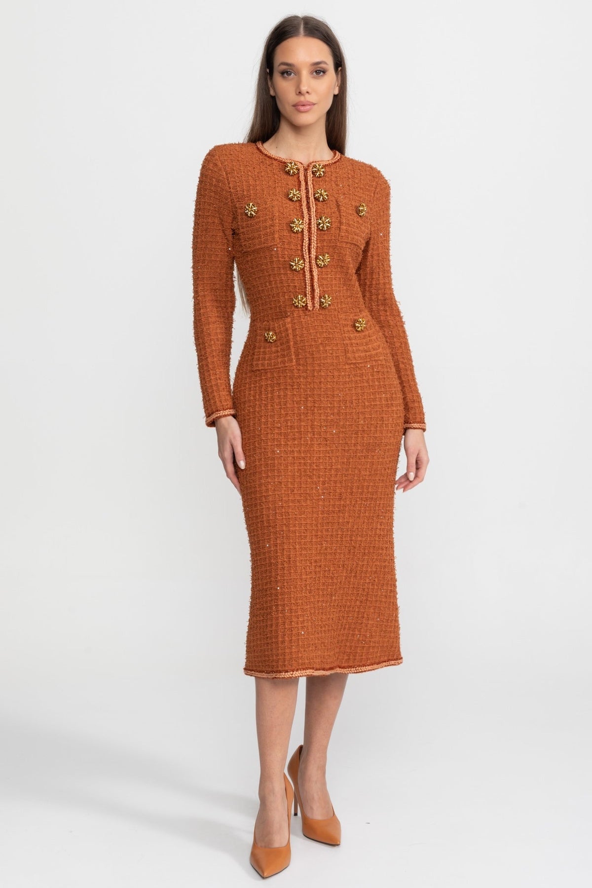 Augustine Rust Textured Tweed Midi Dress with Crystal Button Detail