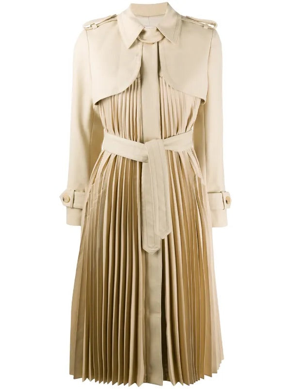 Sandro Ruffle Pleated Trench Coat with Belt - beige