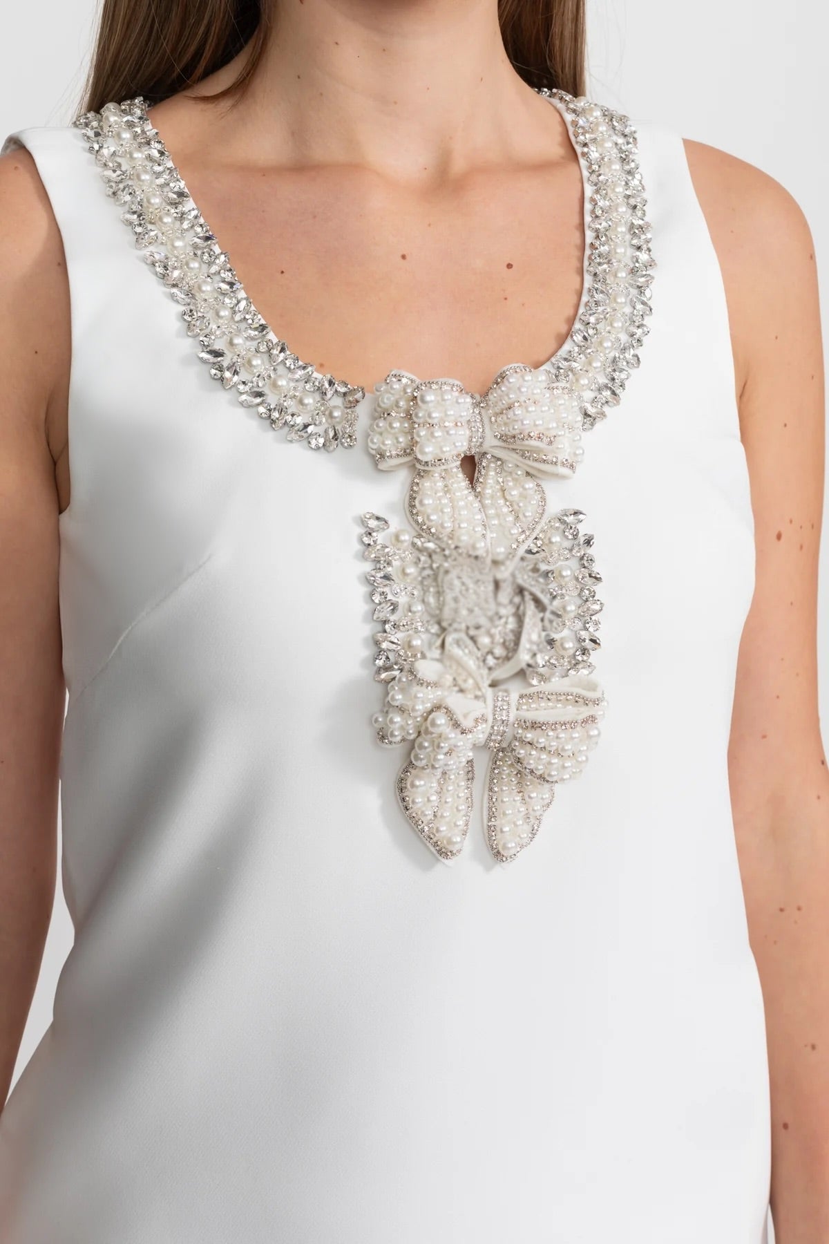 Embellished Pearl Bow Detail Mini Dress – White