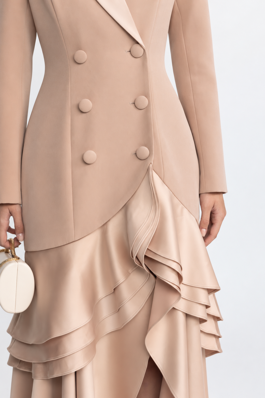 Félicie Beige Satin Ruffle Hem Double-Breasted Blazer Maxi Dress