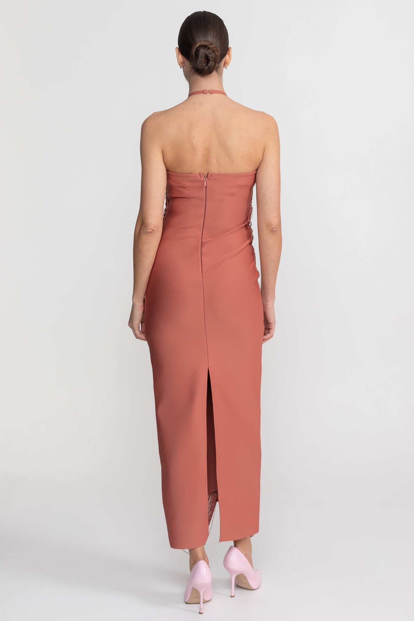 Halter Neck Midi Dress With All-Over Pleated Texture - Light Brown