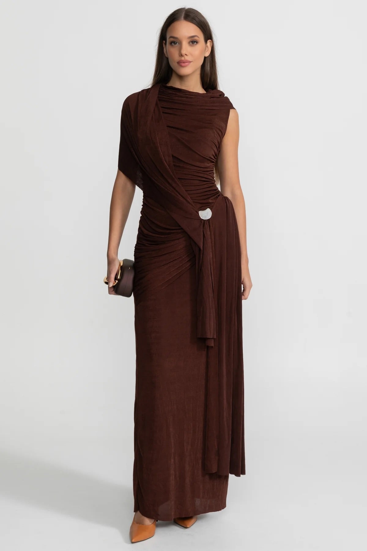 Draped Jersey Maxi Dress with Shoulder Scarf Detail - Brown