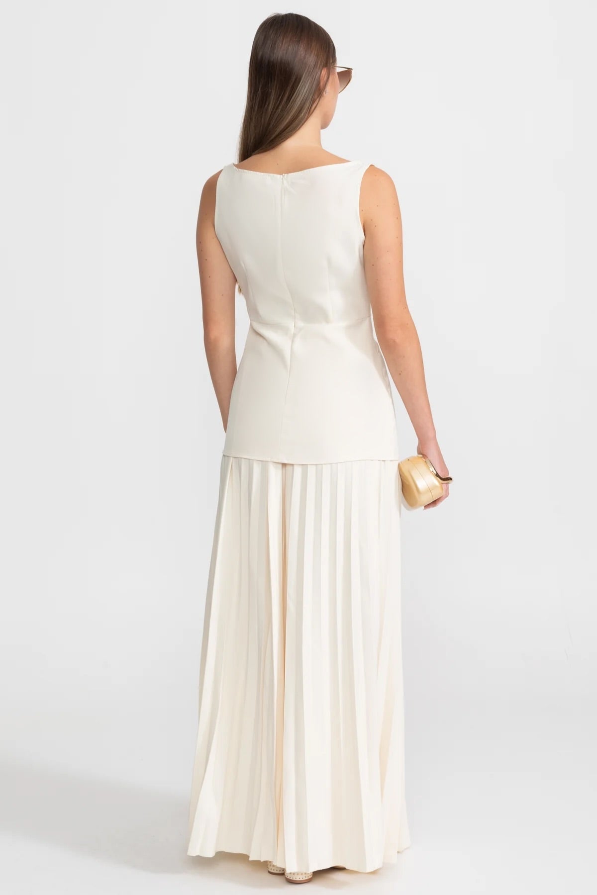 Sleeveless Maxi Co-Ord With Tailored Bodice And Pleated Skirt - Ivoire