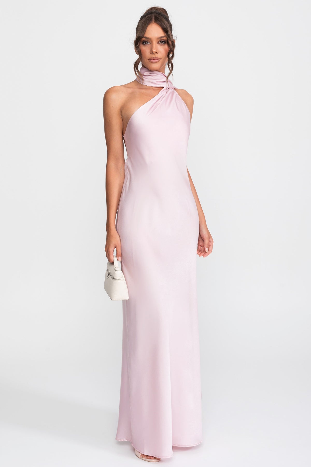 Twist Halter Satin Slip Dress With Asymmetric Neckline - Pink
