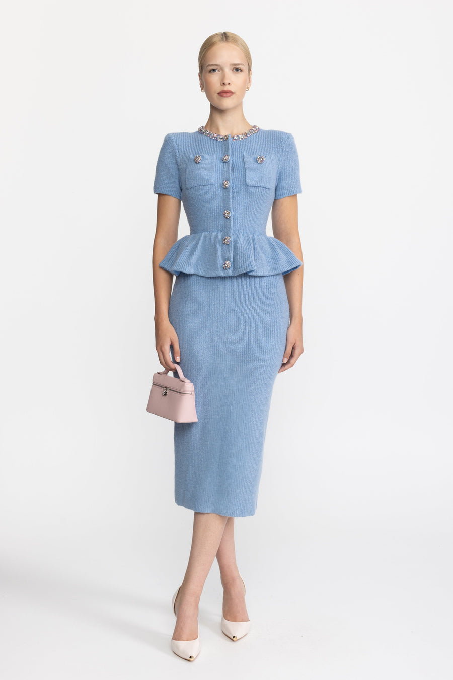 Delphine Crystal Embellished Knit Peplum Midi Dress - Light Blue