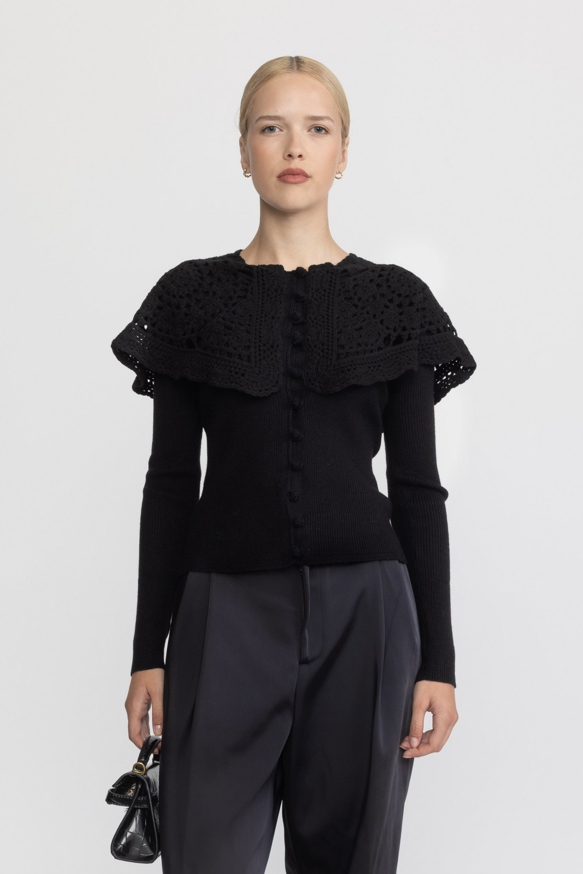 Crochet Capelet Collar Rib Knit Cardigan - Black