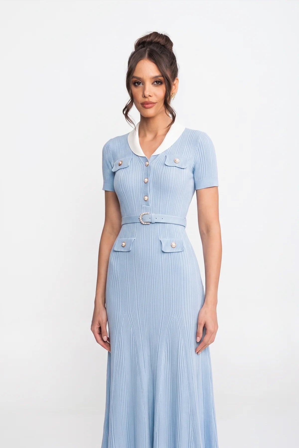 Ophelie Light Blue Ribbed Knit Midi Dress With White Collar And Pearl Belt