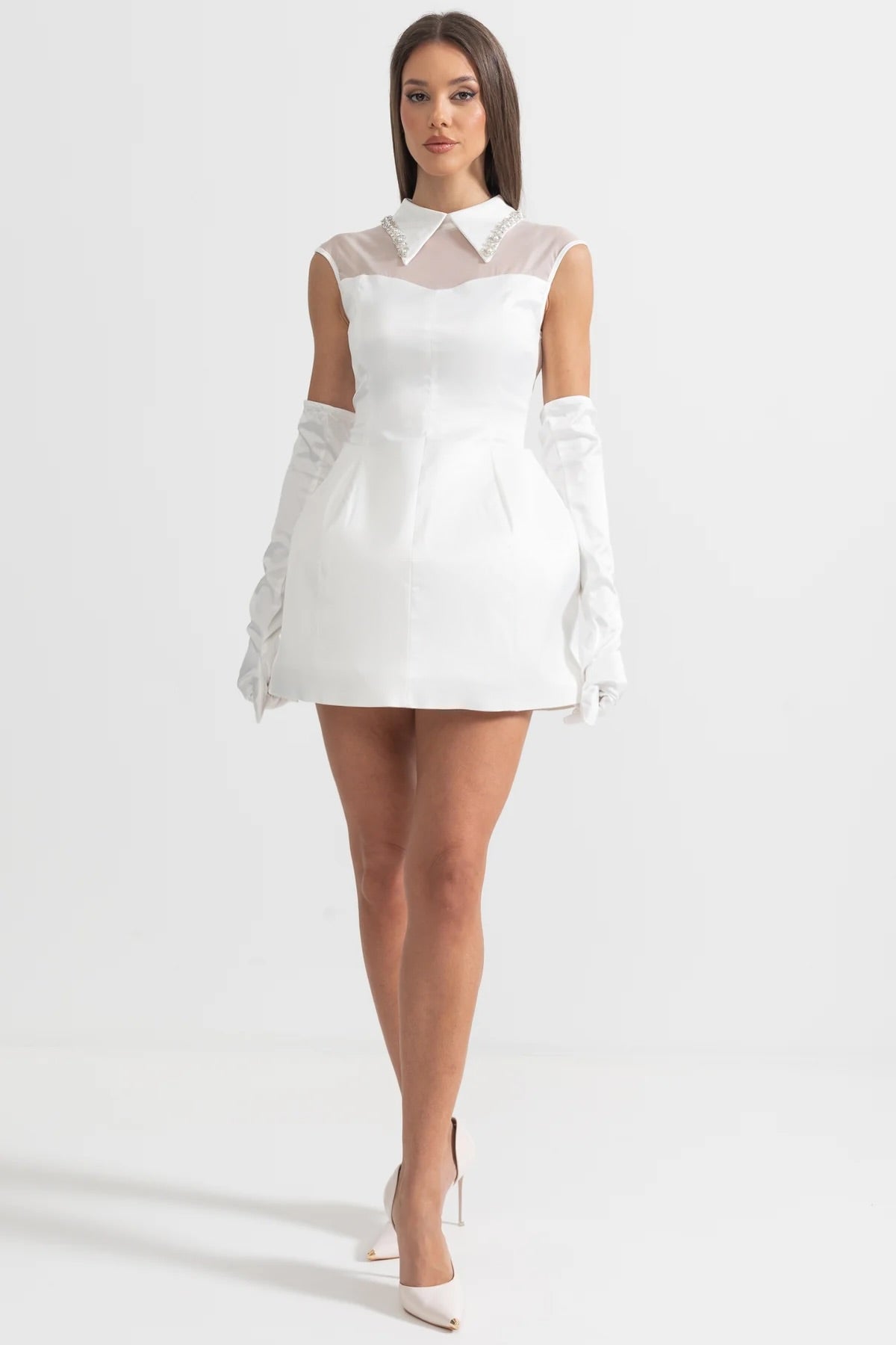 Satin Sleeveless Mini Dress With Matching Long Gloves - White