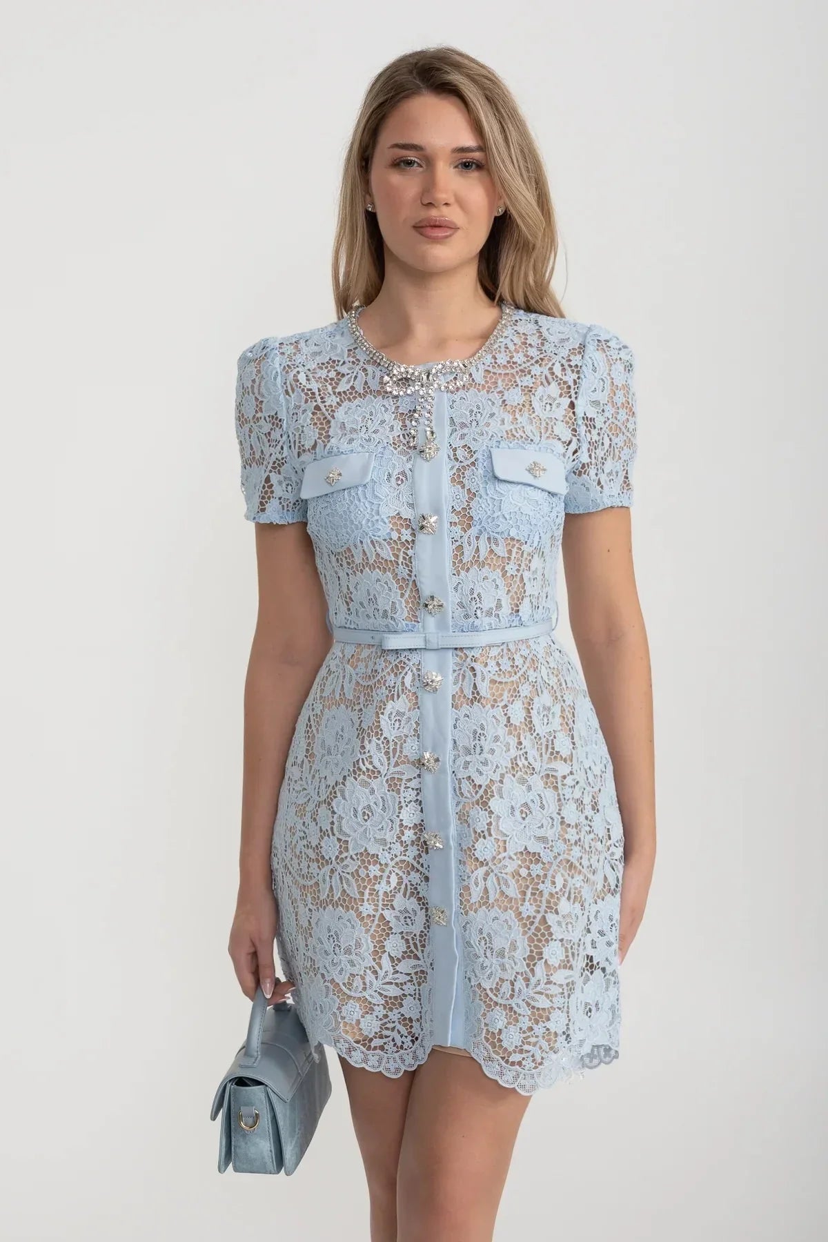 Lace Mini Dress With Buttoned Closure, Sparkling Embellishments And Coordinated Belt - Baby Blue