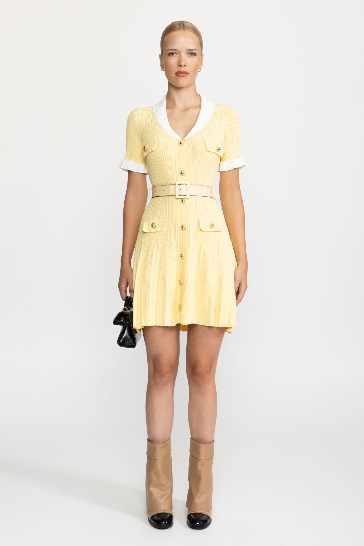 Ribbed Knit Contrast Collar Belted Mini Dress - Yellow