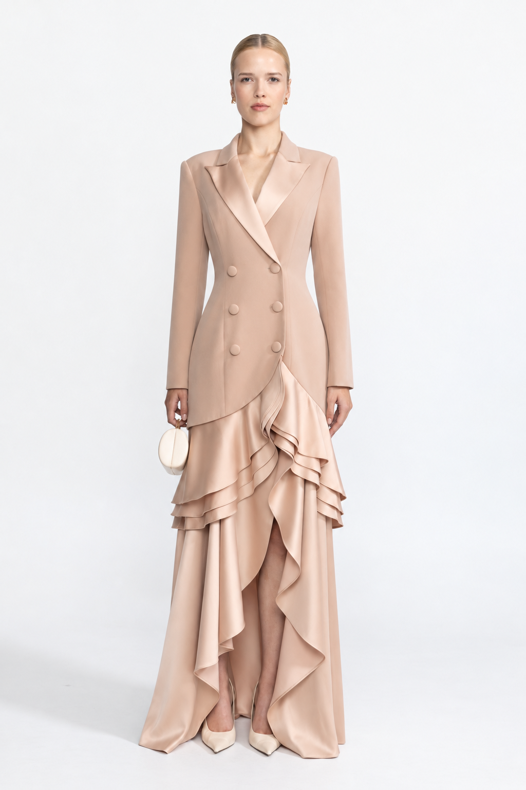 Félicie Beige Satin Ruffle Hem Double-Breasted Blazer Maxi Dress