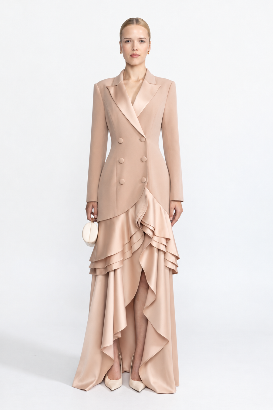 Félicie Beige Satin Ruffle Hem Double-Breasted Blazer Maxi Dress