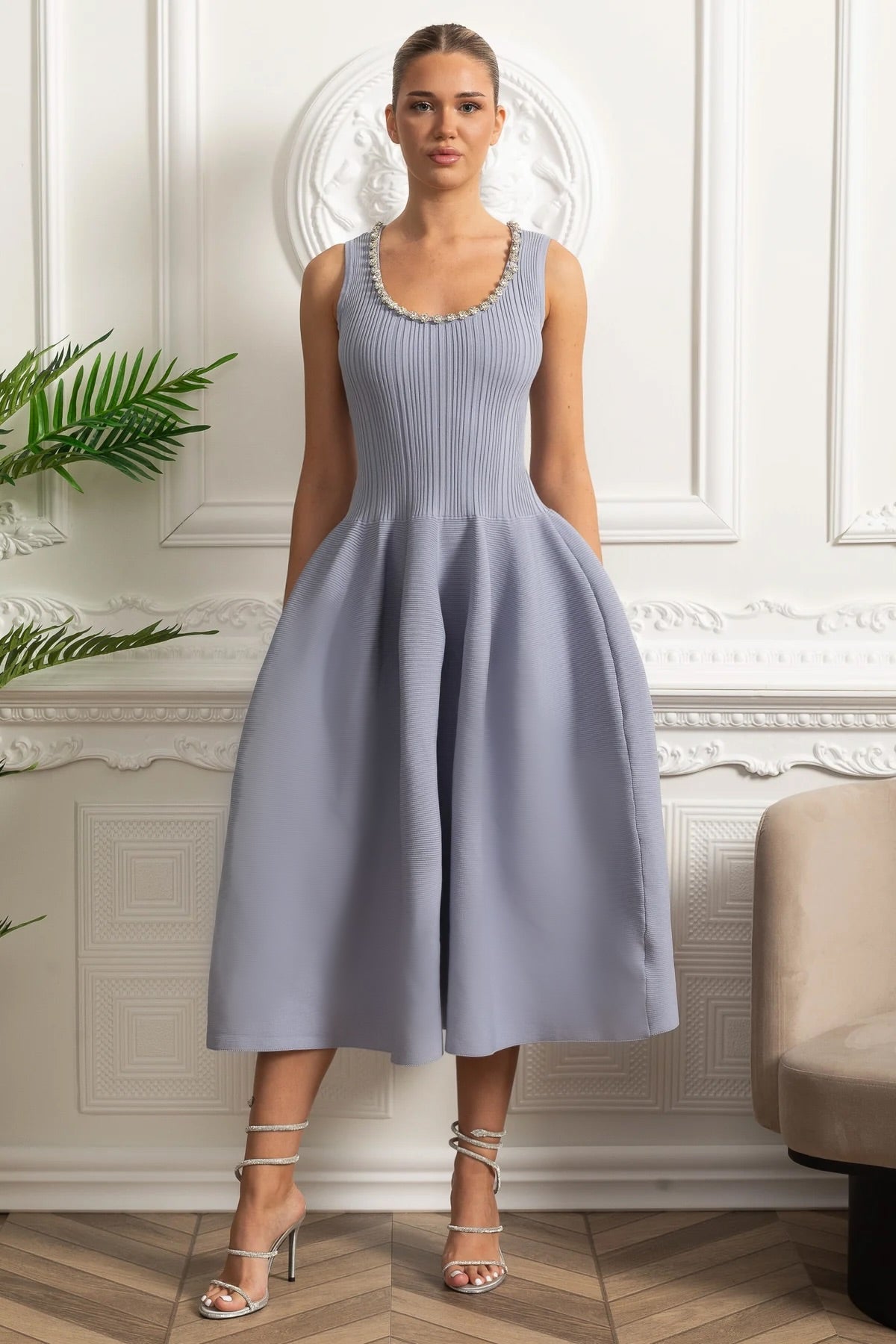 Adelaide Baby Blue Beaded Scoop-Neck Ribbed Midi Dress