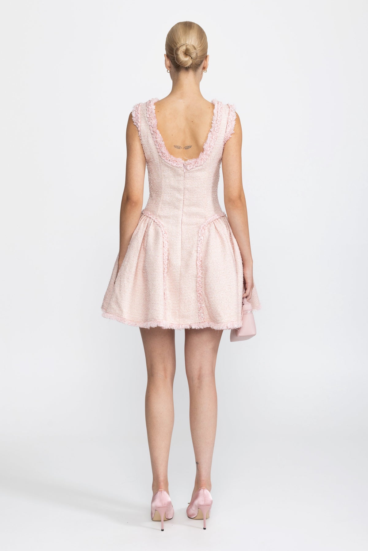 Frayed Trim Tweed Sculpted Mini Dress - Pink
