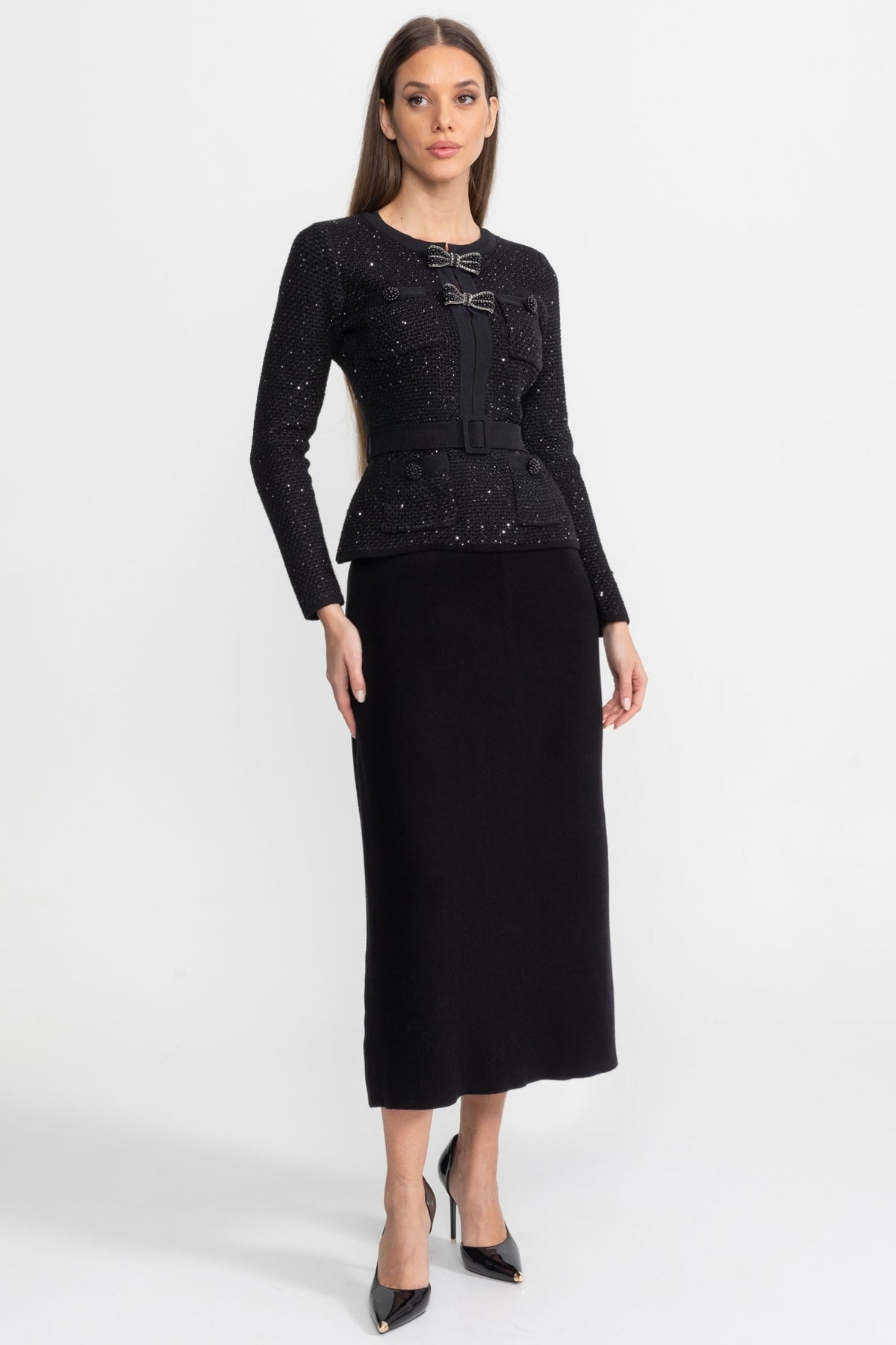 Calista Black Embellished Tweed Co-Ord Set with Bow Closures And Midi Skirt
