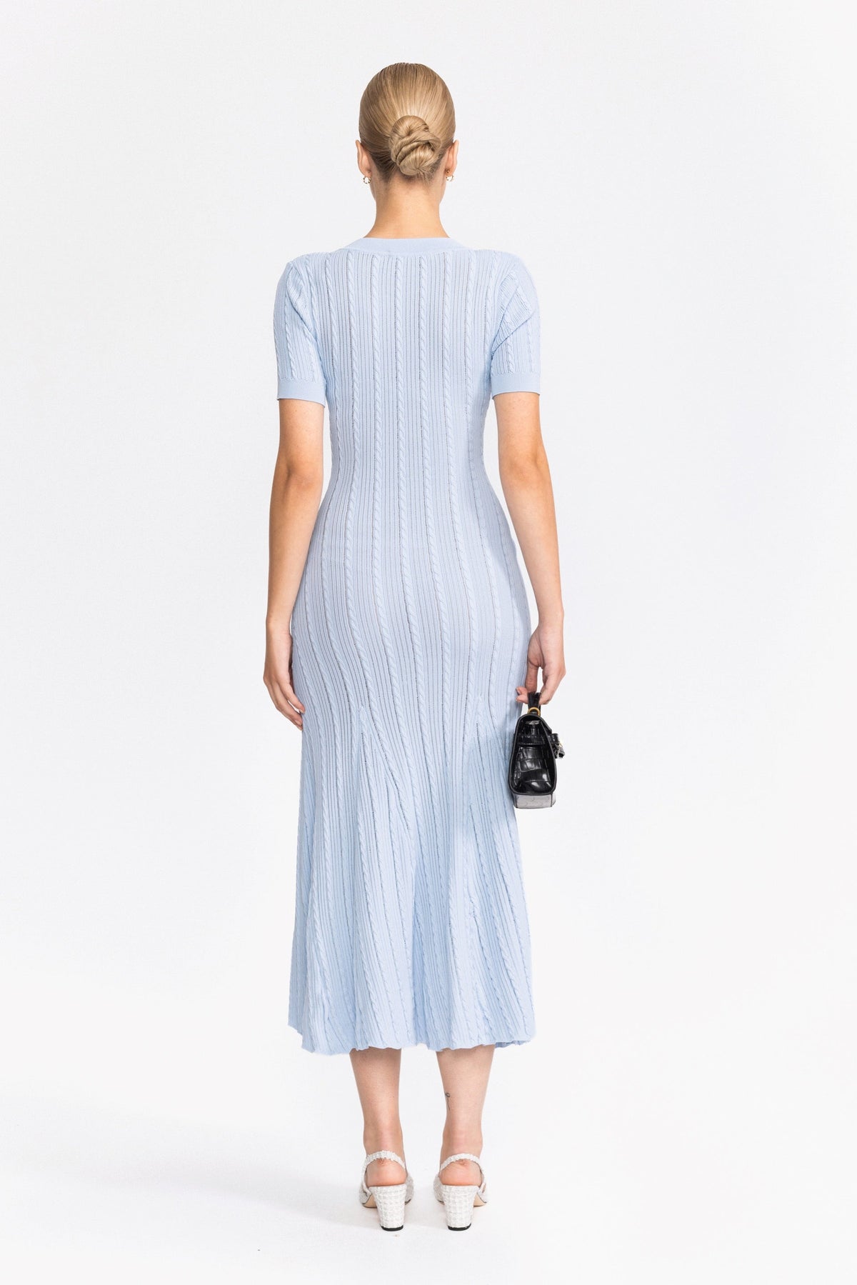 Cable Knit Jewel-Button Midi Dress - Light Blue