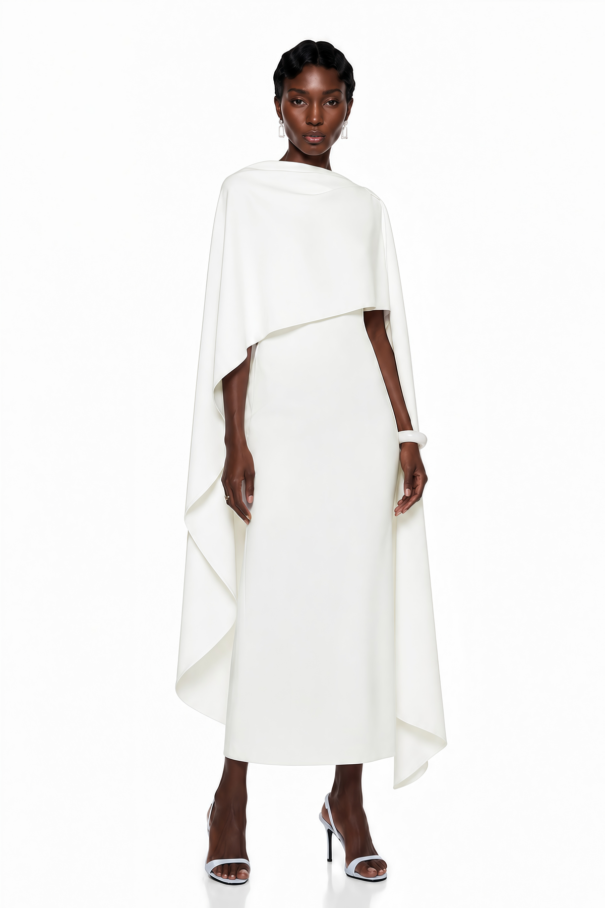 Ecem White Backless Maxi Dress with Cape