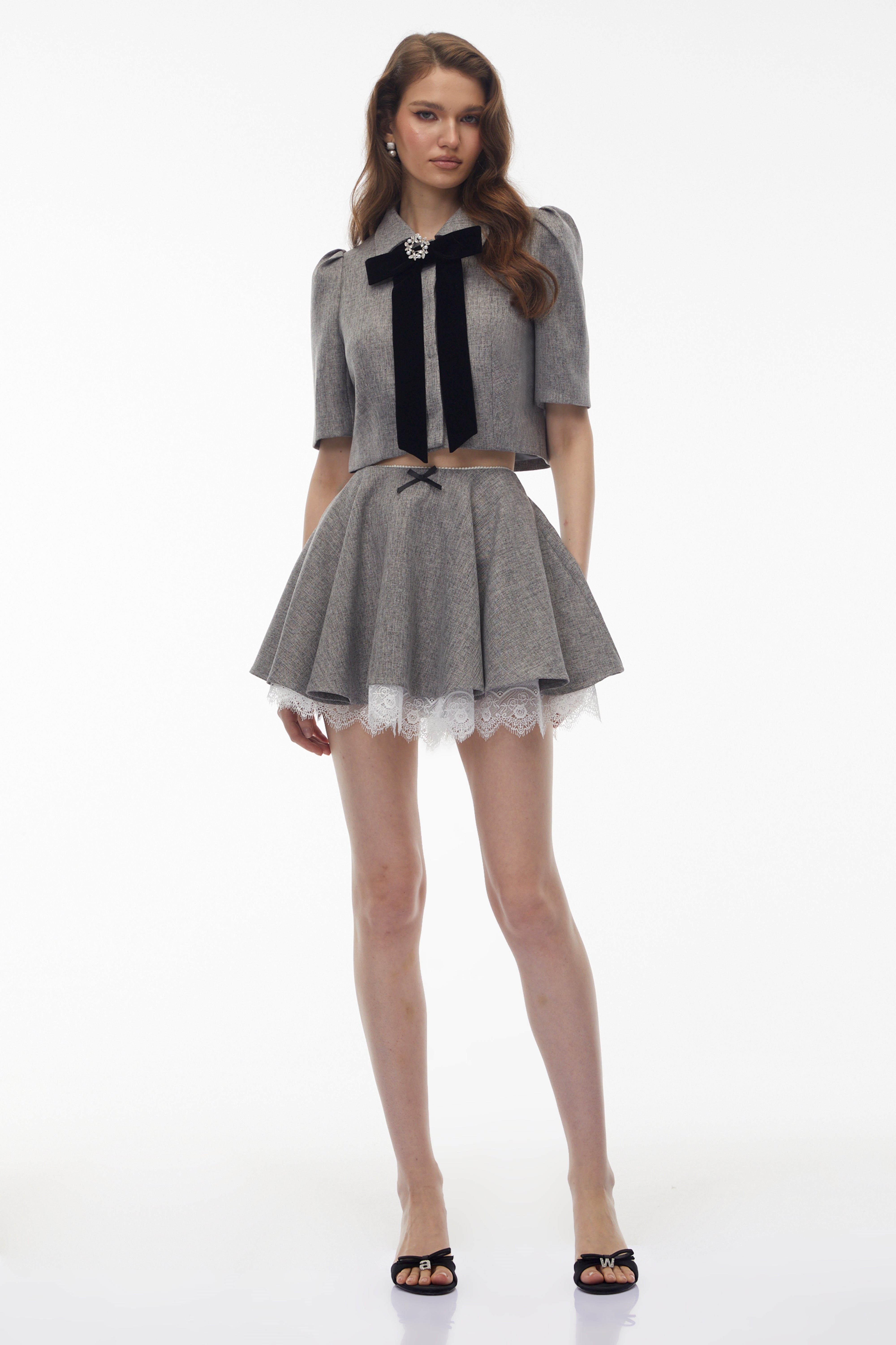 Echidna Grey Top & Skirt Set with Lace Trim and Bow