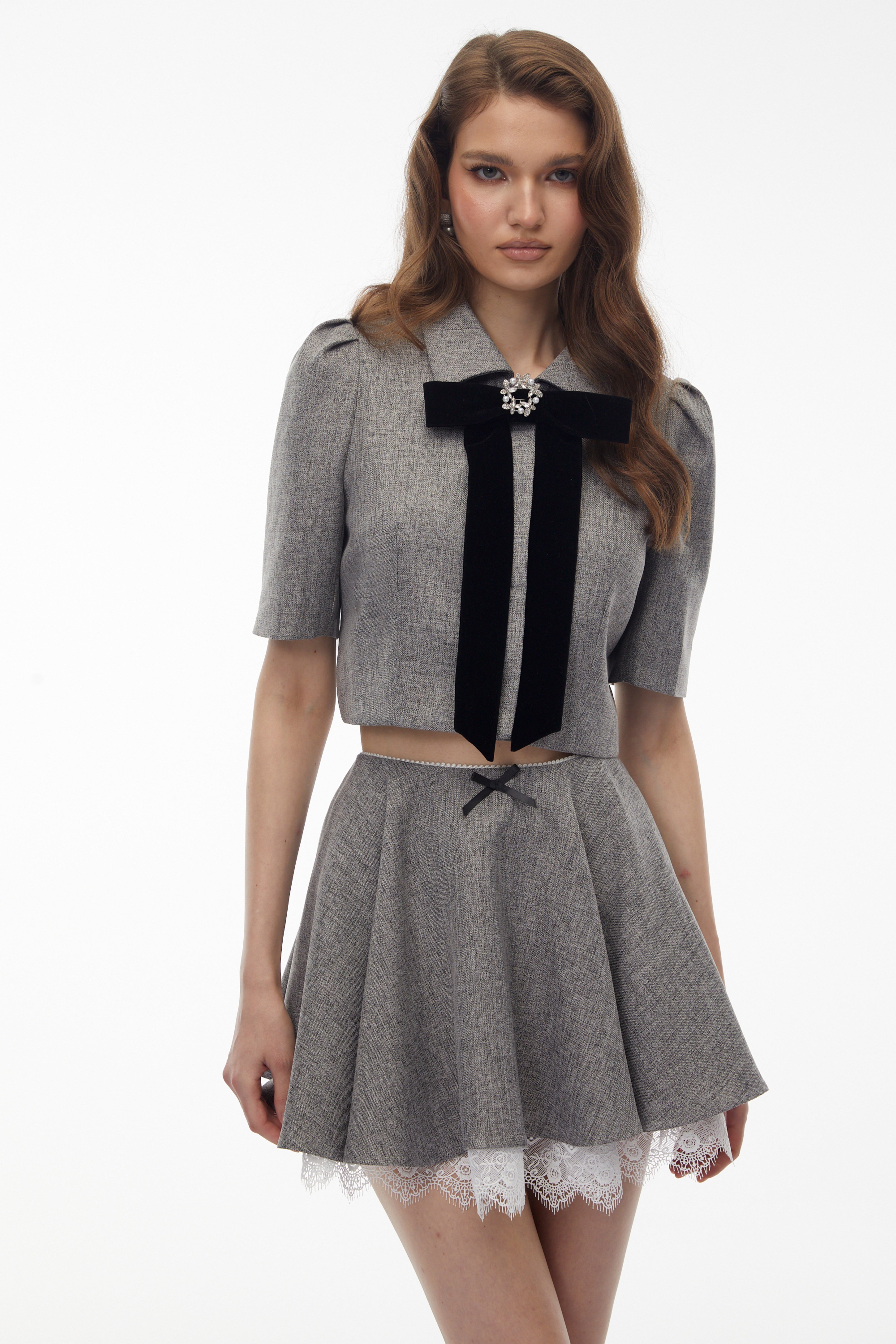 Echidna Grey Top & Skirt Set with Lace Trim and Bow