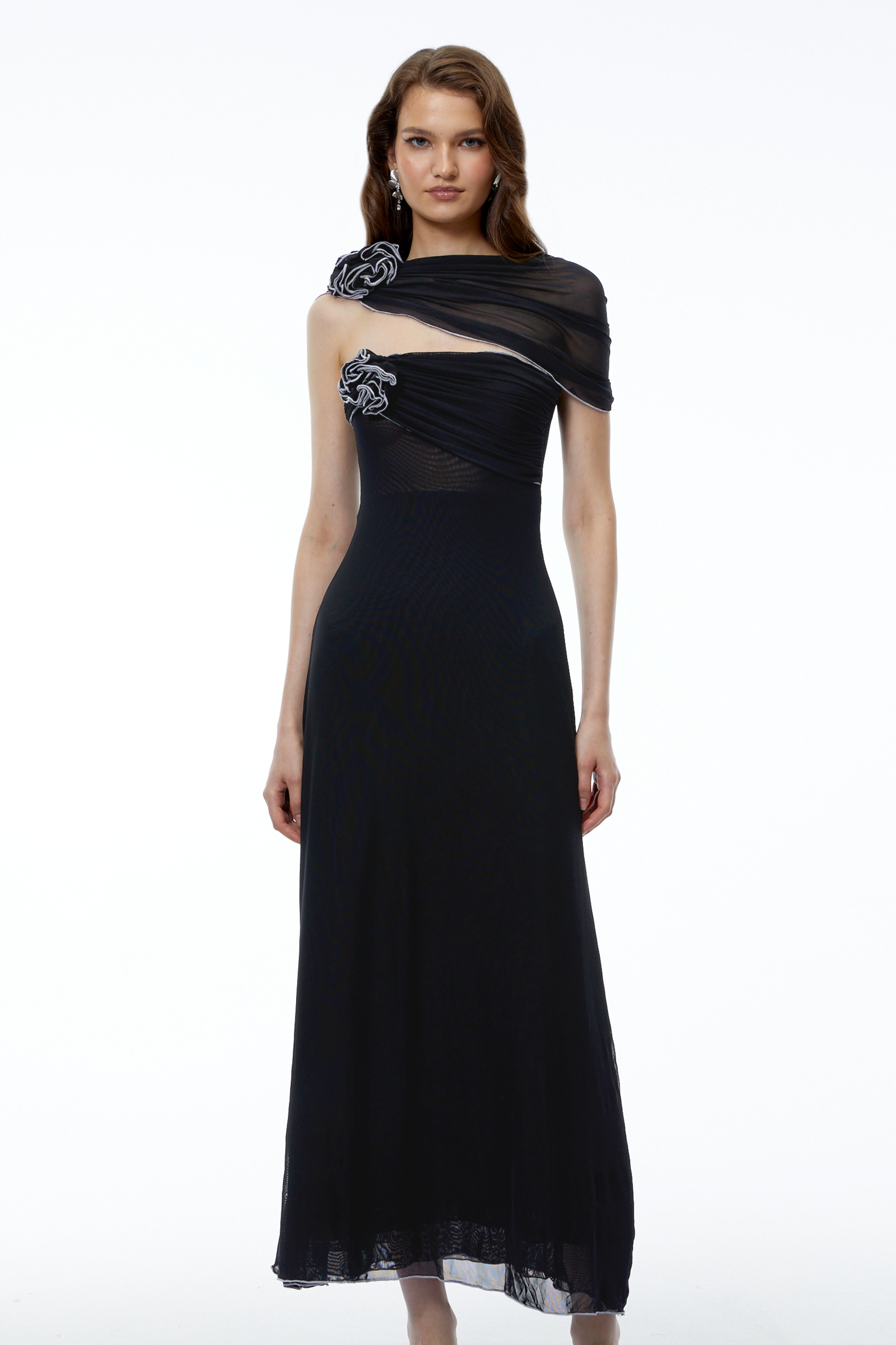 Eden Black One Shoulder Asymmetrical Maxi Dress