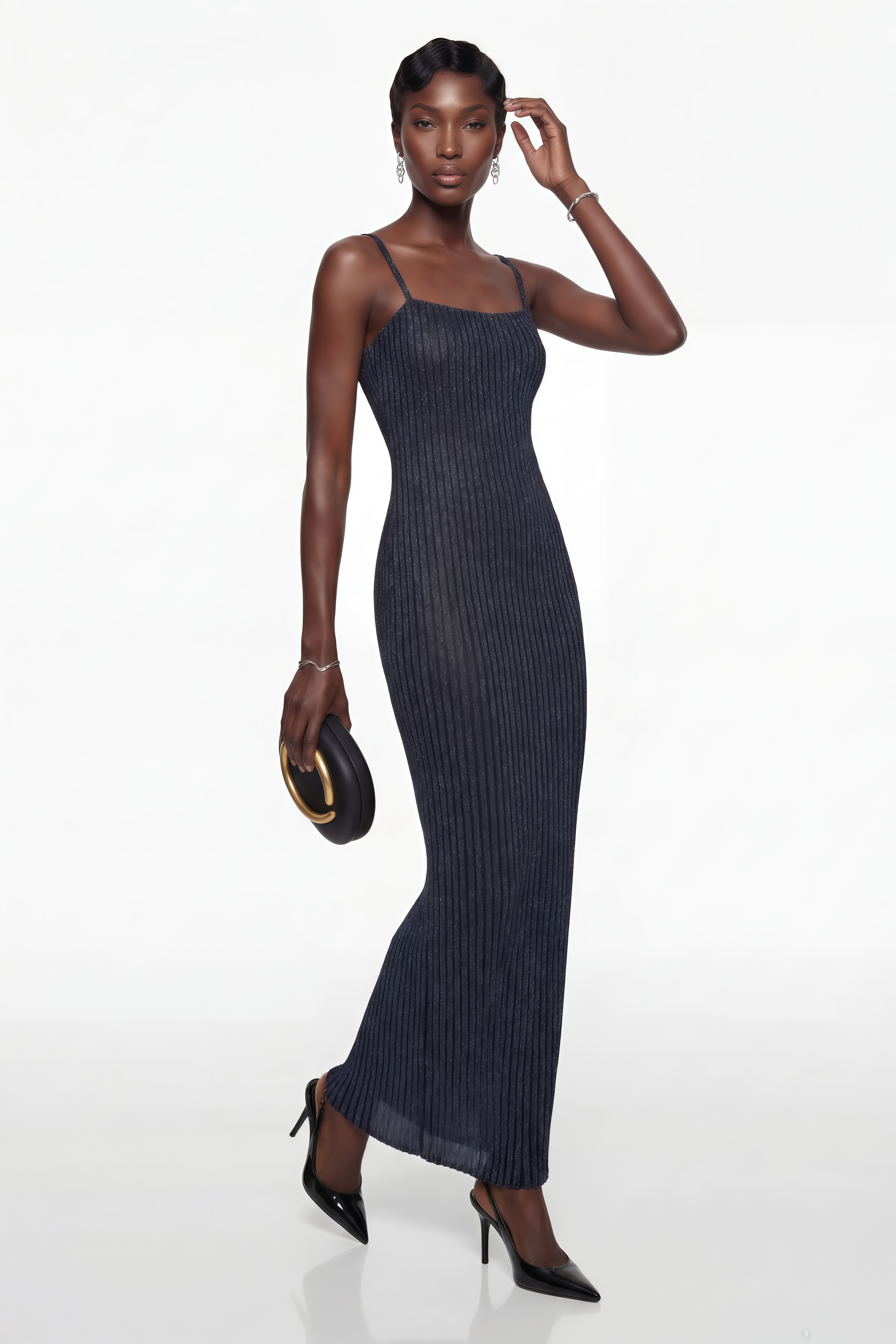 Eden Dark Blue Metallic Knit Maxi Dress