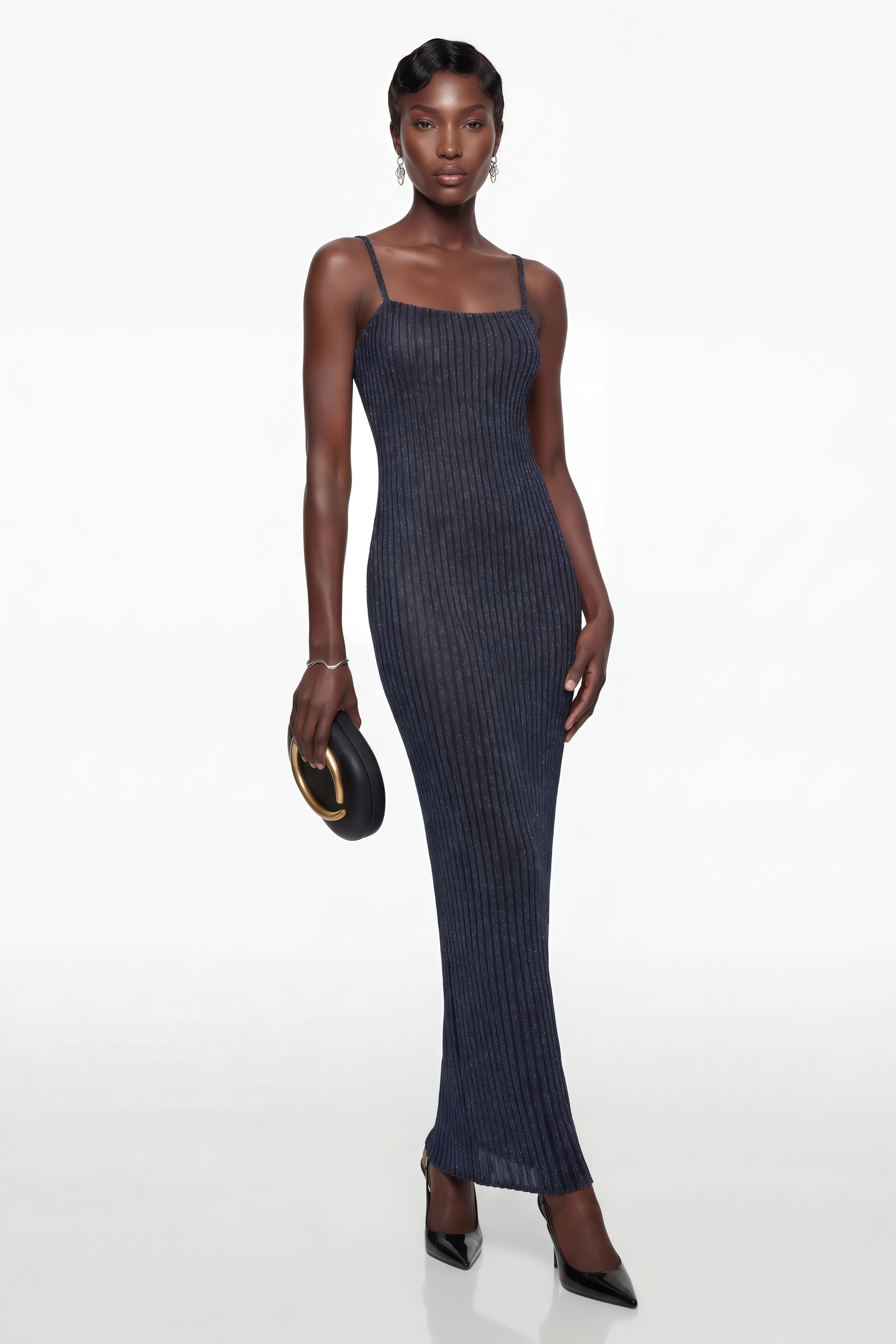 Eden Dark Blue Metallic Knit Maxi Dress