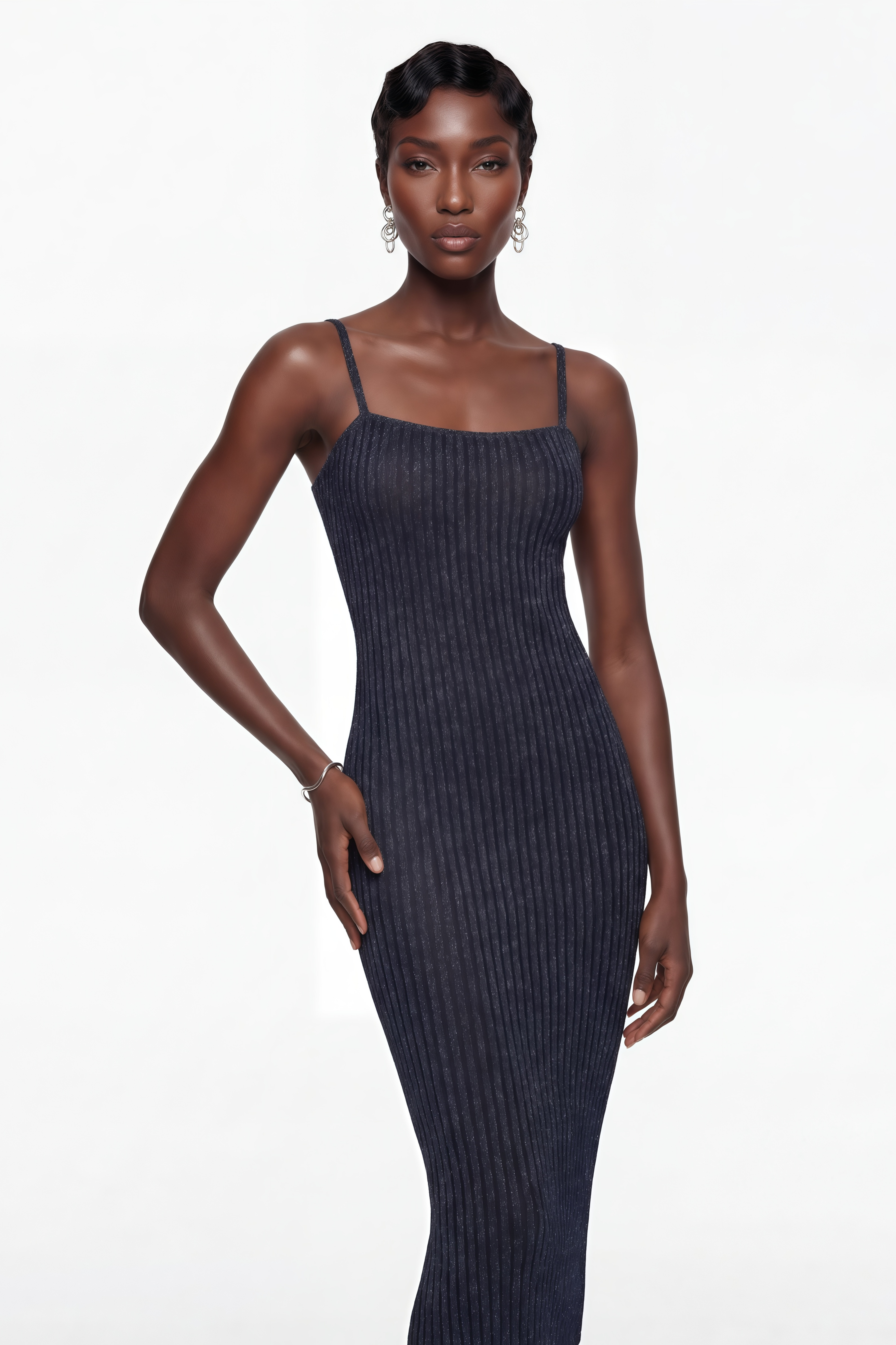 Eden Dark Blue Metallic Knit Maxi Dress