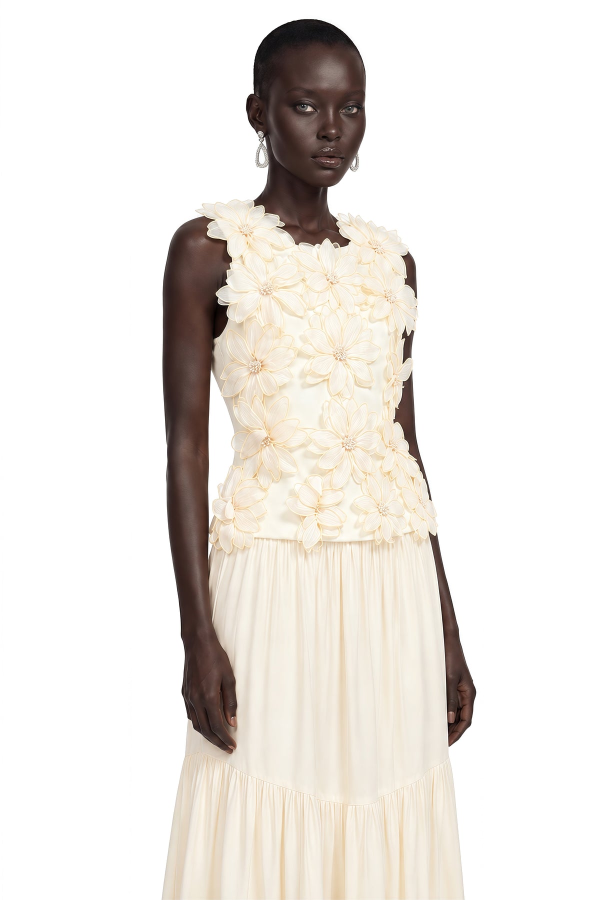 Edna Cream White Sleeveless Top with 3D Florals