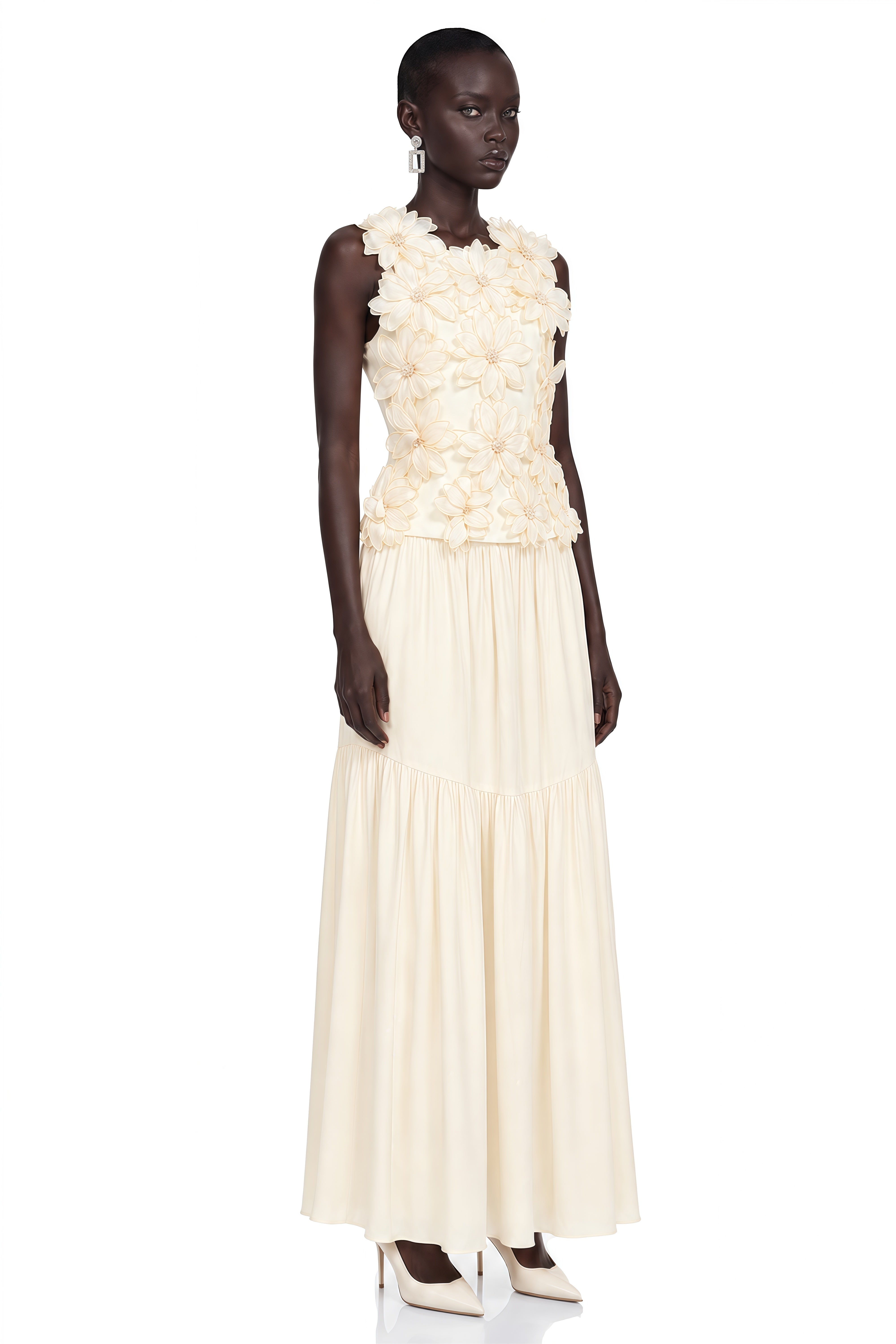 Edna Cream White Sleeveless Top with 3D Florals