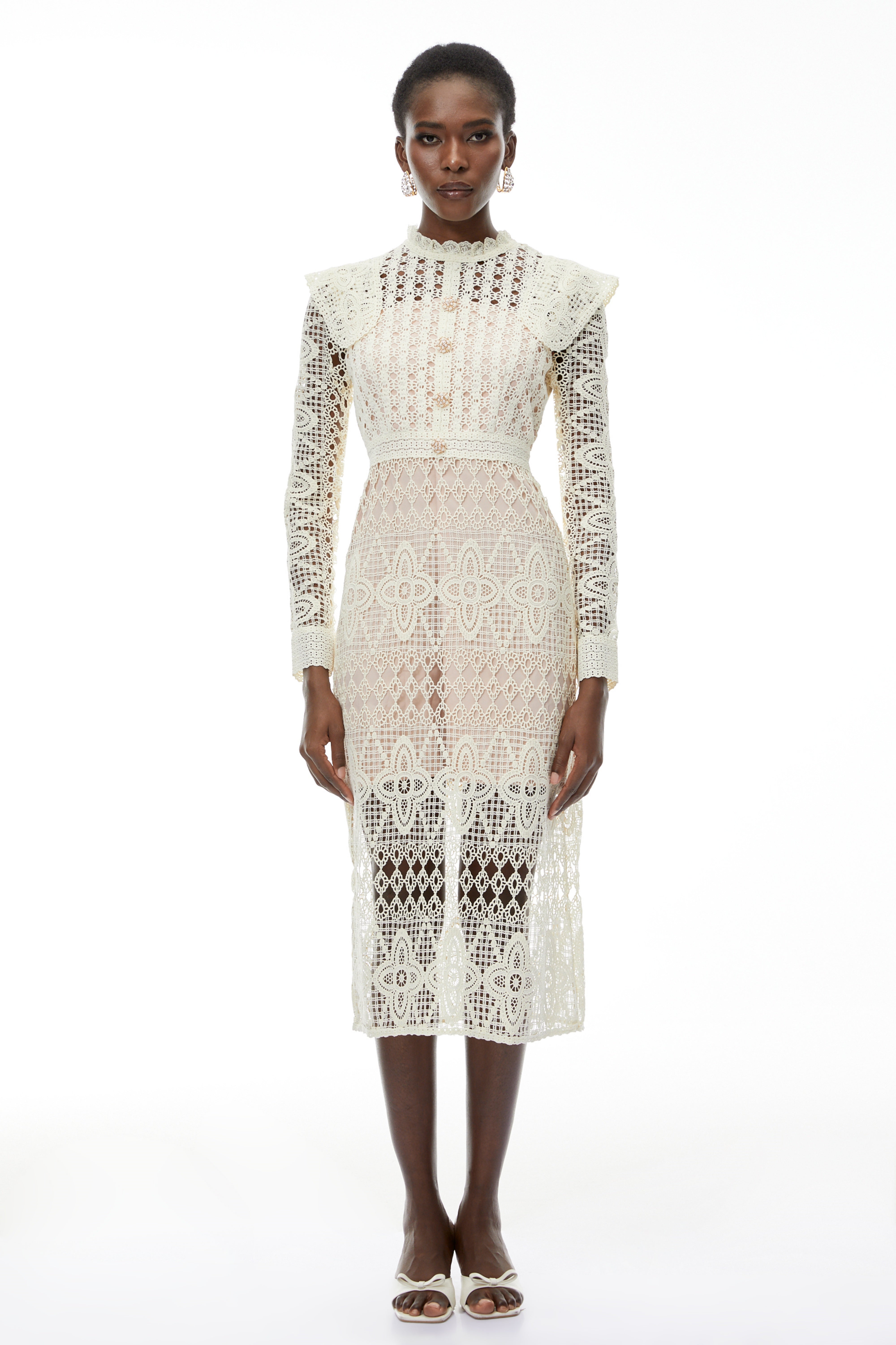 Eglantine Ivory Cut-Out Floral Lace Midi Dress