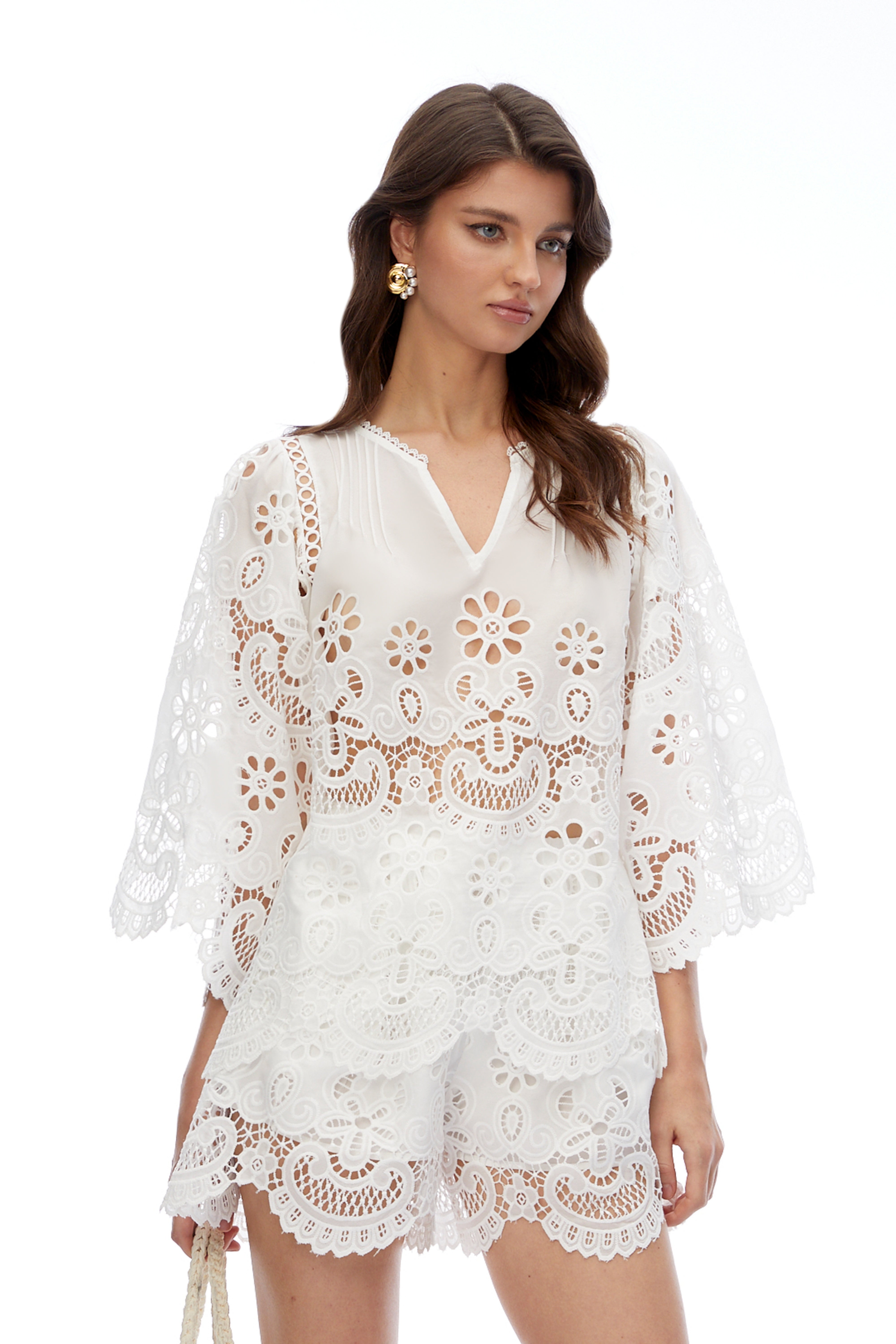 Itziar White V-Neck Lace Top & Shorts Set with Cut-Outs