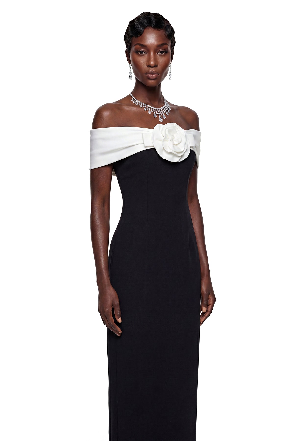 Ehteram Black Color Block Maxi Dress with 3D Petals