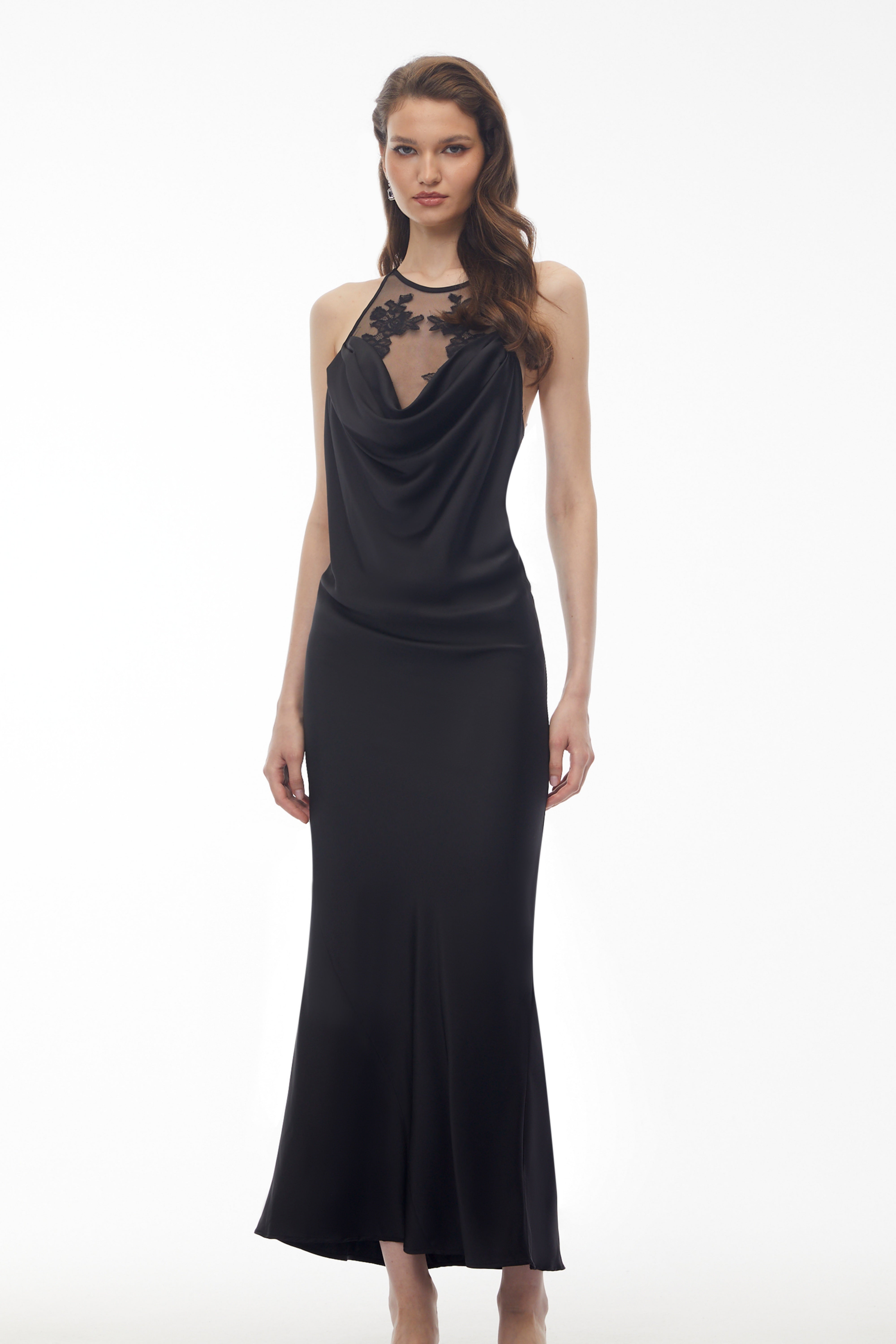 Eila Black Semi-Sheer Draped Maxi Dress (Final Sale)