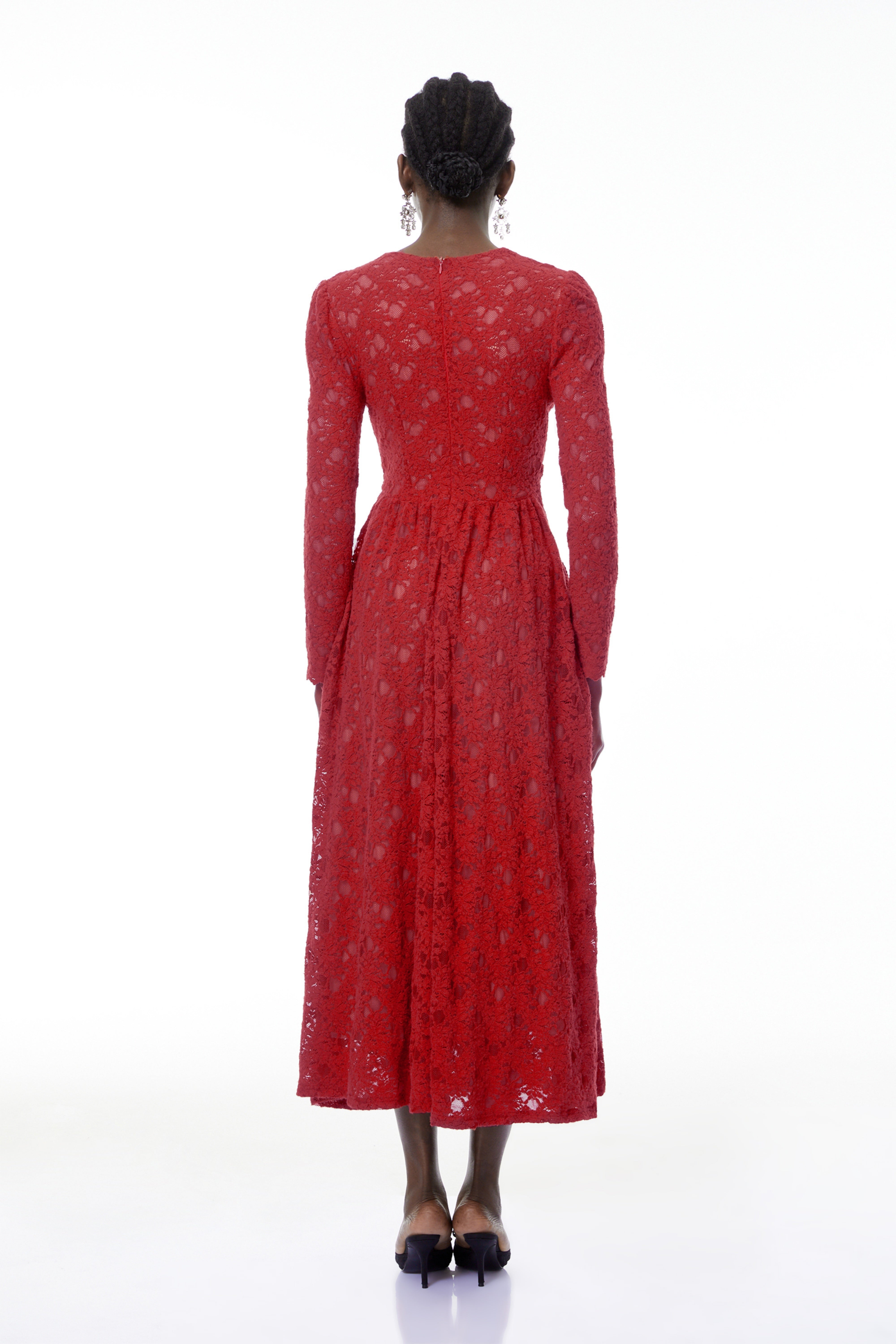 Eirlys Red Floral Lace Midi Dress with Embellishment (Final Sale)