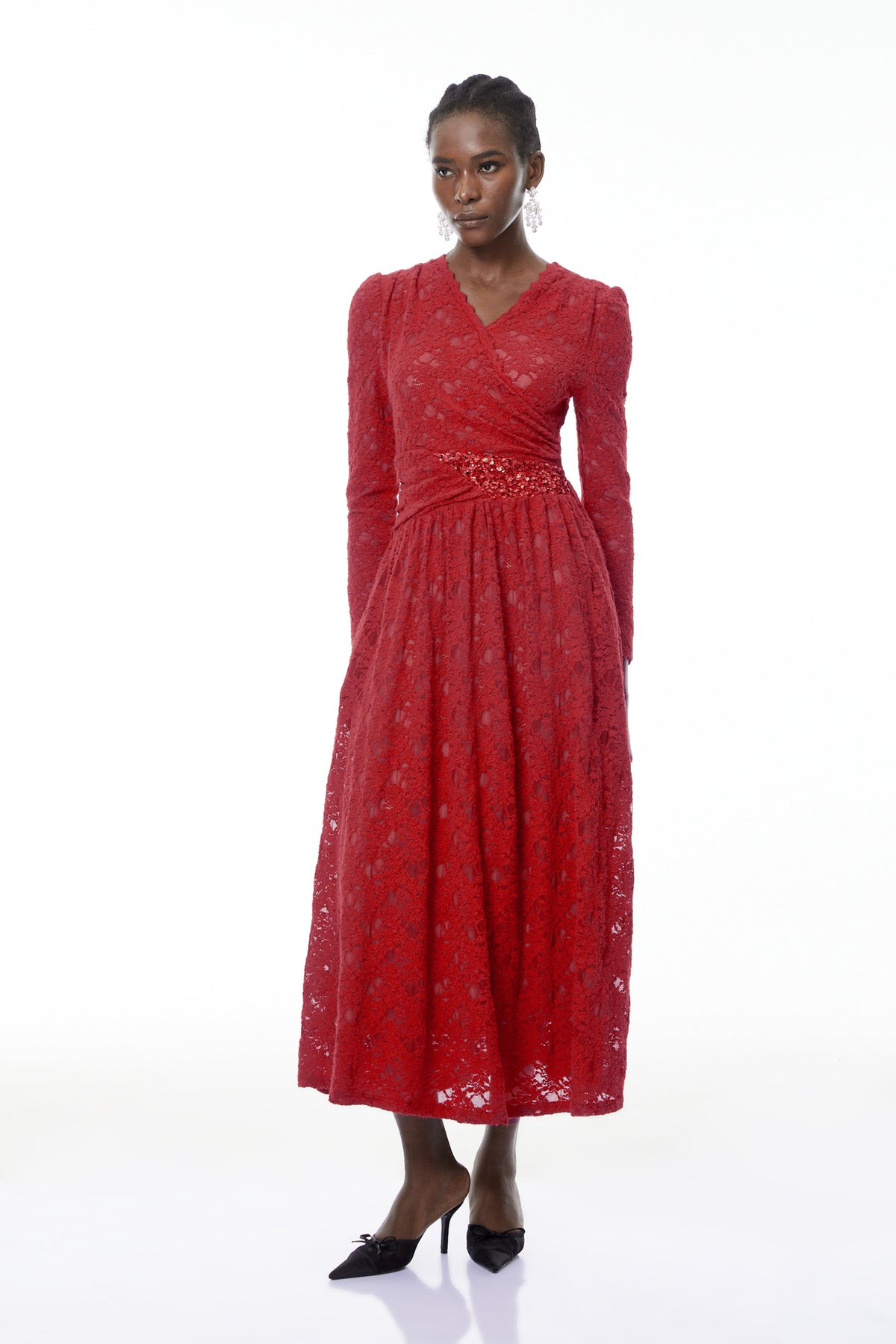 Eirlys Red Floral Lace Midi Dress with Embellishment (Final Sale)