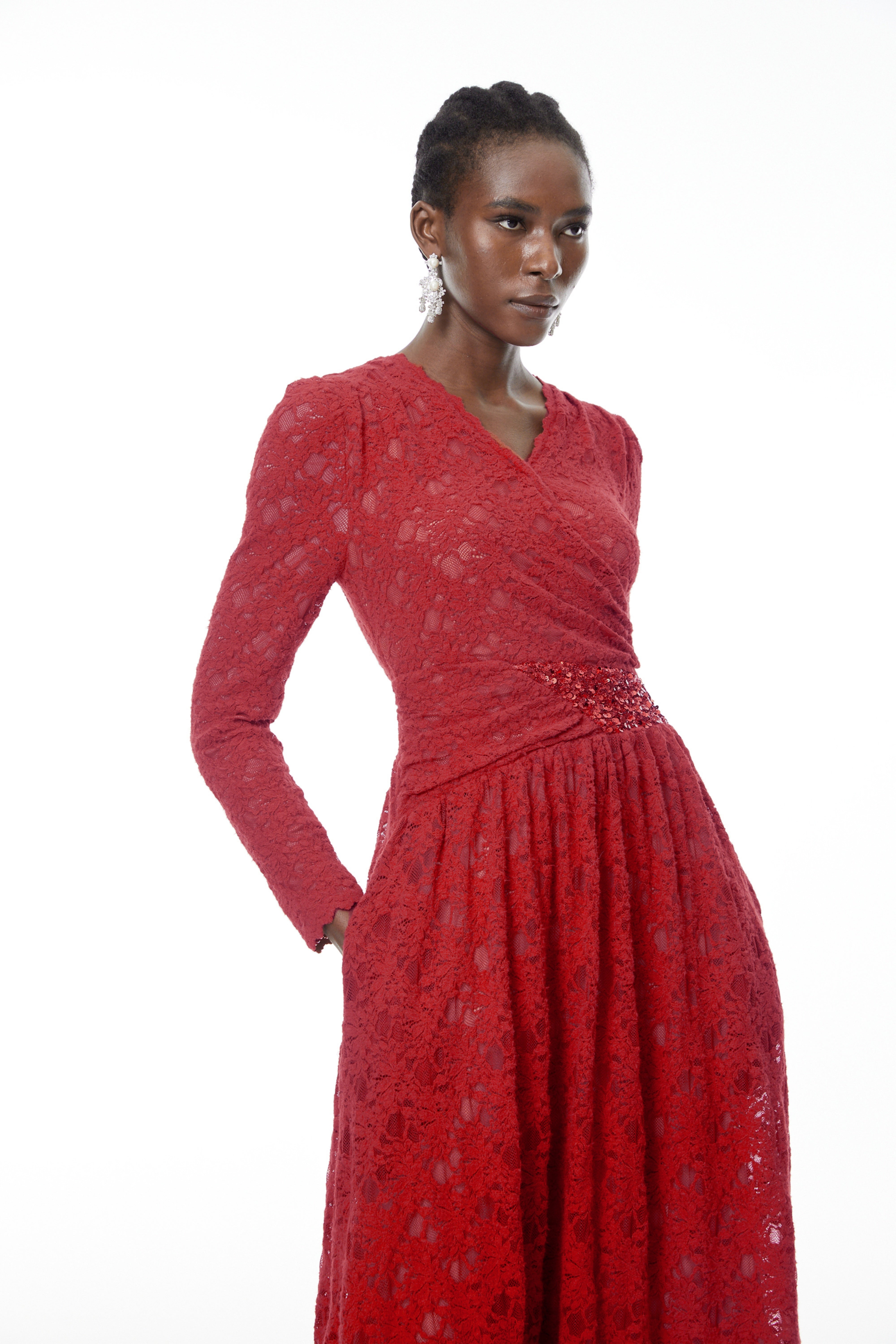 Eirlys Red Floral Lace Midi Dress with Embellishment (Final Sale)