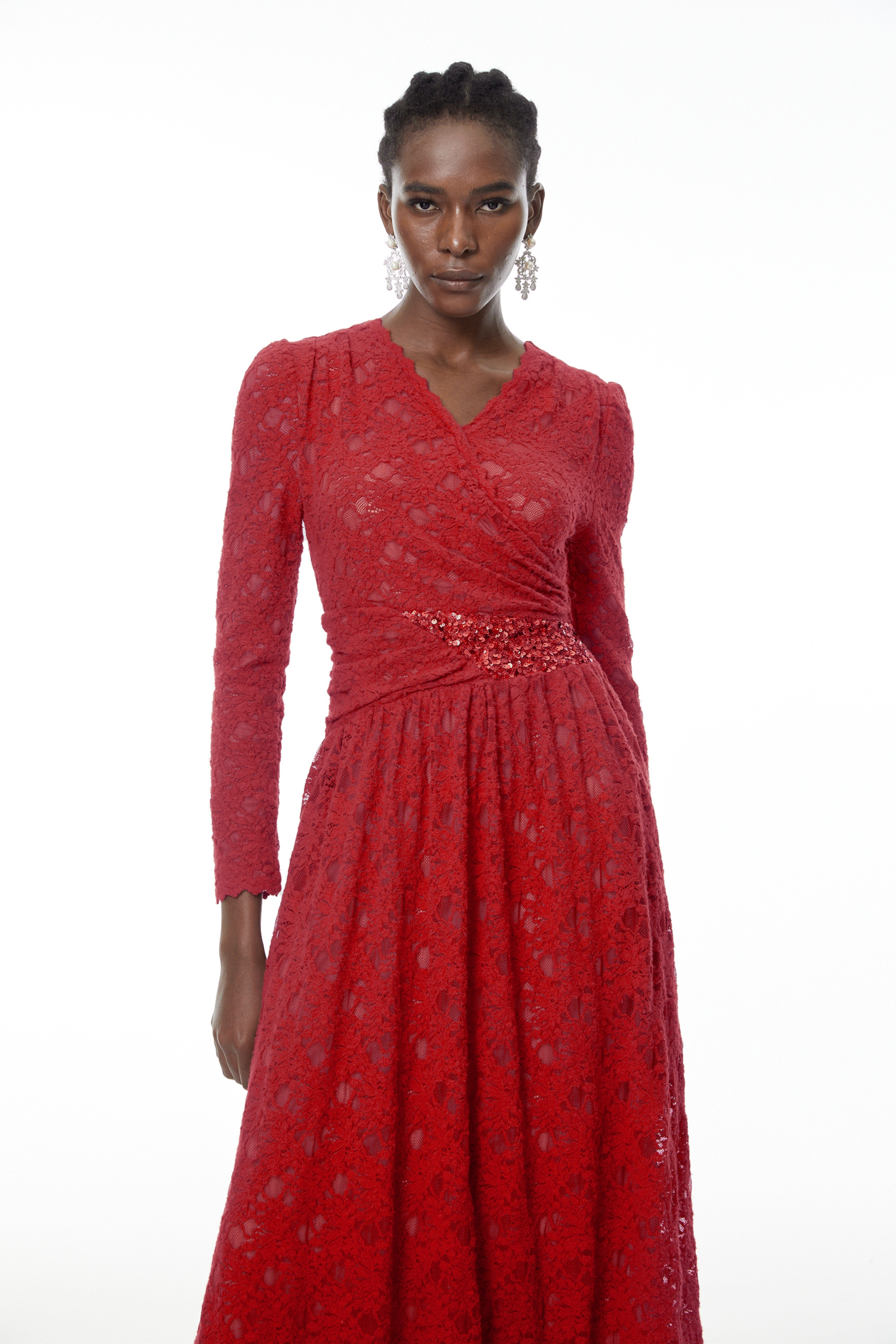 Eirlys Red Floral Lace Midi Dress with Embellishment (Final Sale)
