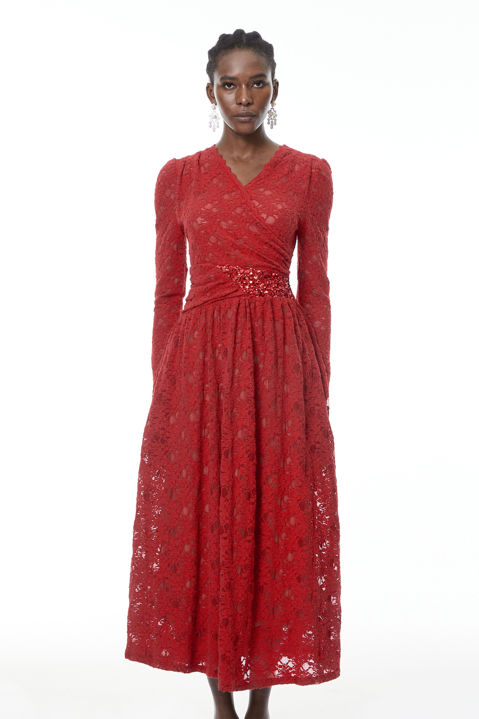 Eirlys Red Floral Lace Midi Dress with Embellishment (Final Sale)