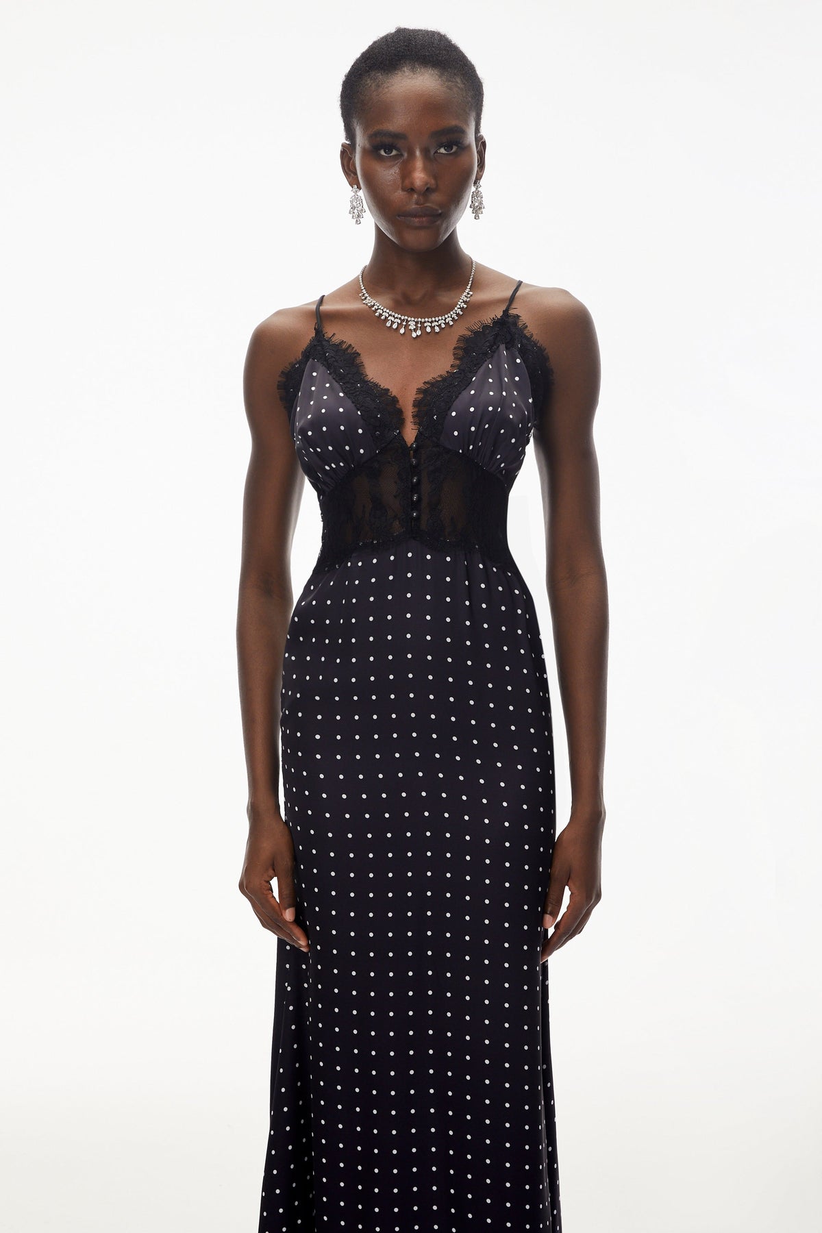 Eleanor Black Polka Dot Lace Trim Maxi Dress