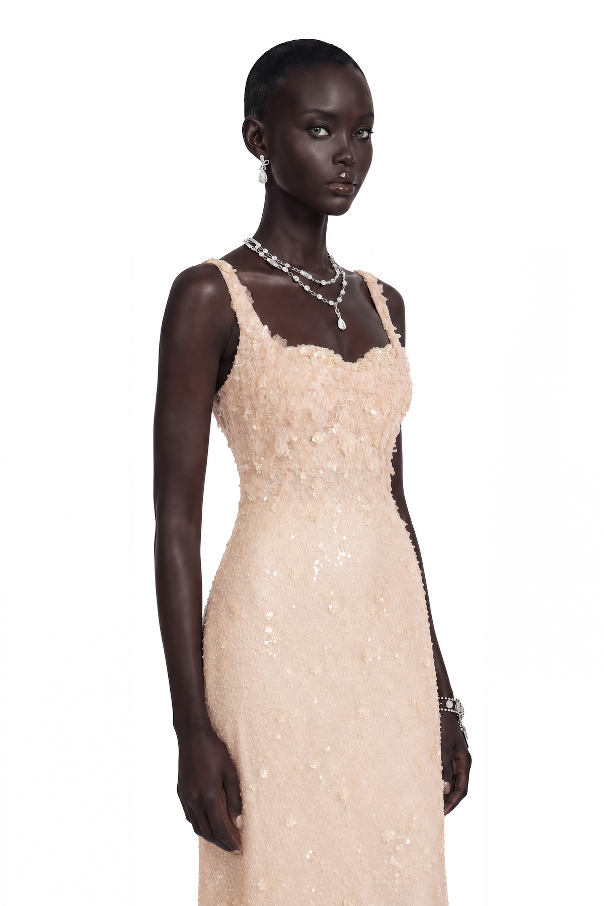 Elena Neutral Sequined Lace Maxi Dress