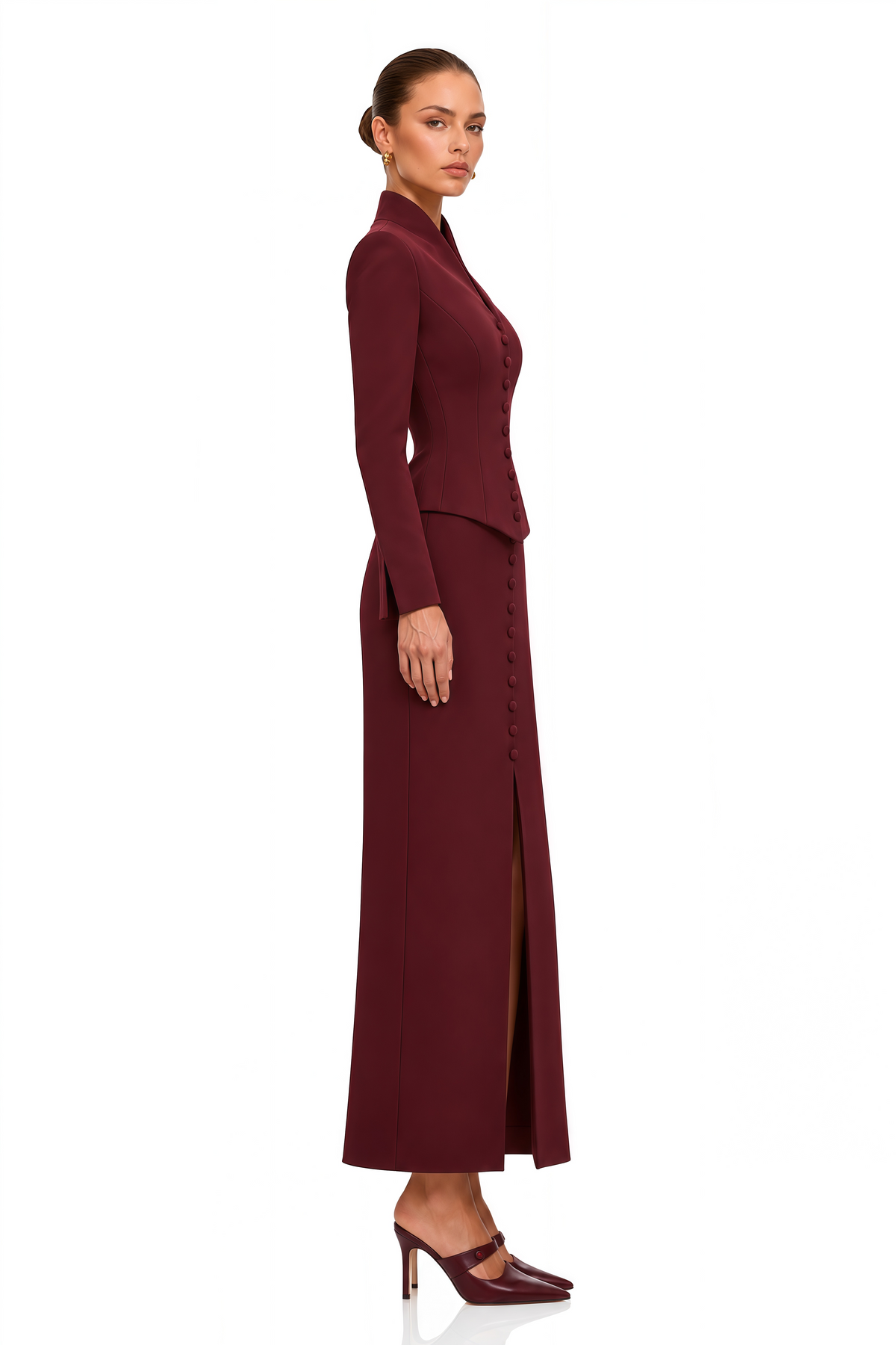 eleni burgundy buttoned jacket & maxi skirt set