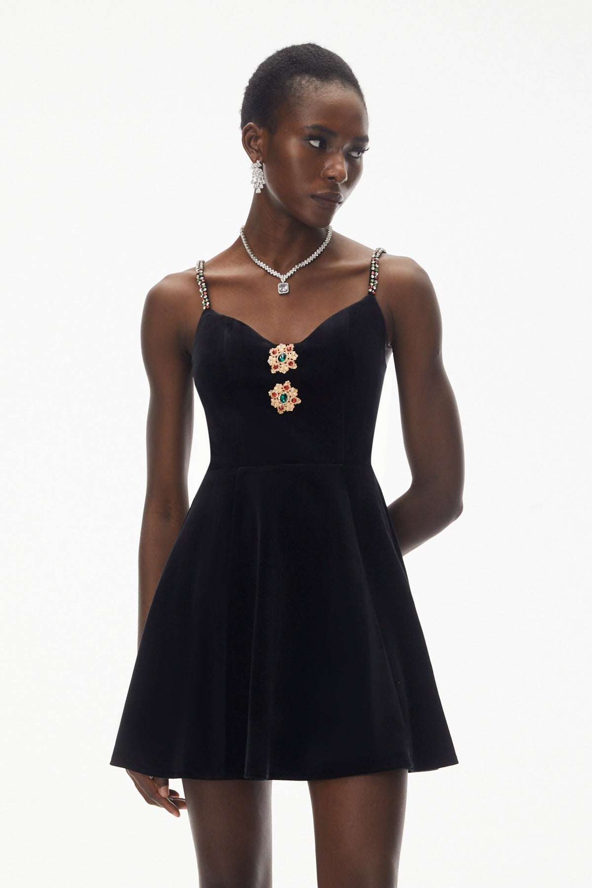 Elettra Black Off Shoulder Embellished Mini Dress